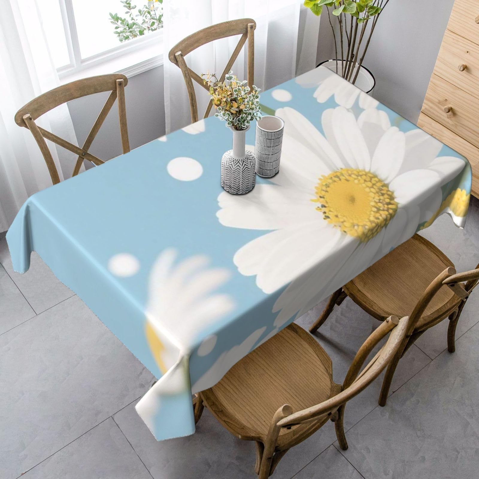 White Daisy Flower Rectangle Tablecloth 35x55 Inch, Washable Reusable Farmhouse Table Cloths Wrinkle Free And Spillproof Kitchen Dinning Table Cover For Party Wedding Picnic Home Decor Tablecloths