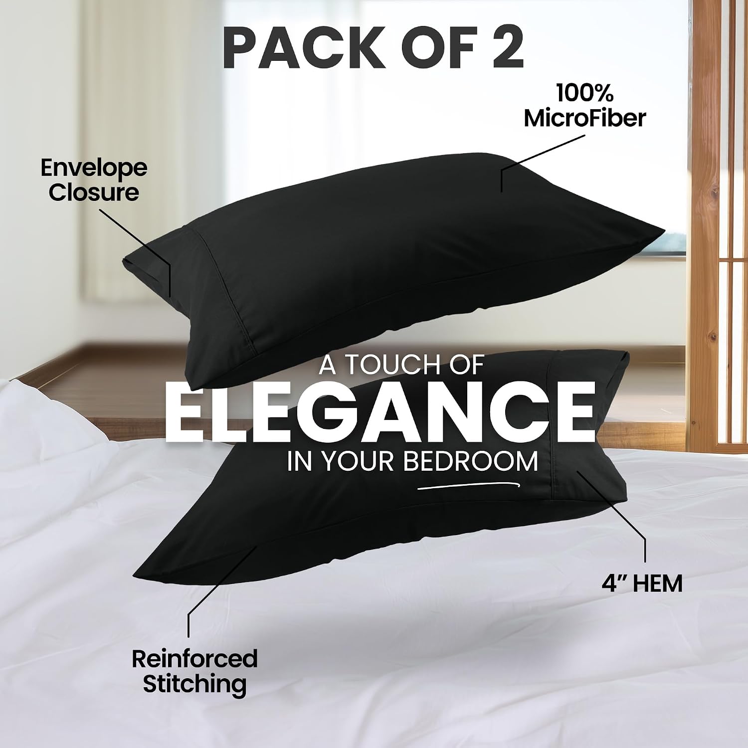 Utopia Bedding Standard Pillow Cases - 2 Pack - Envelope Closure - Soft Brushed Microfiber Fabric - Shrinkage and Fade Resistant Pillow Covers Standard Size 20 X 26 Inches (Standard, Black) thumbnail