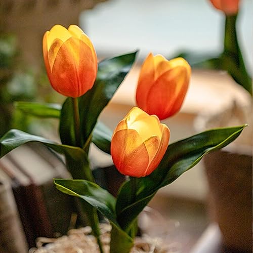 Miniatura 2 de Minidiva Lámpara de tulipán de flores artificiales con luz LED, luz nocturna de tulipán de simulación con jarrón, lámpara de mesa táctil real para