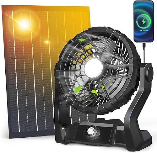 Ventilador solar de 7 W para acampar con luz, ventilador de energía solar de 10400 mAh, ventilador de campamento al aire libre de 9 pulgadas para