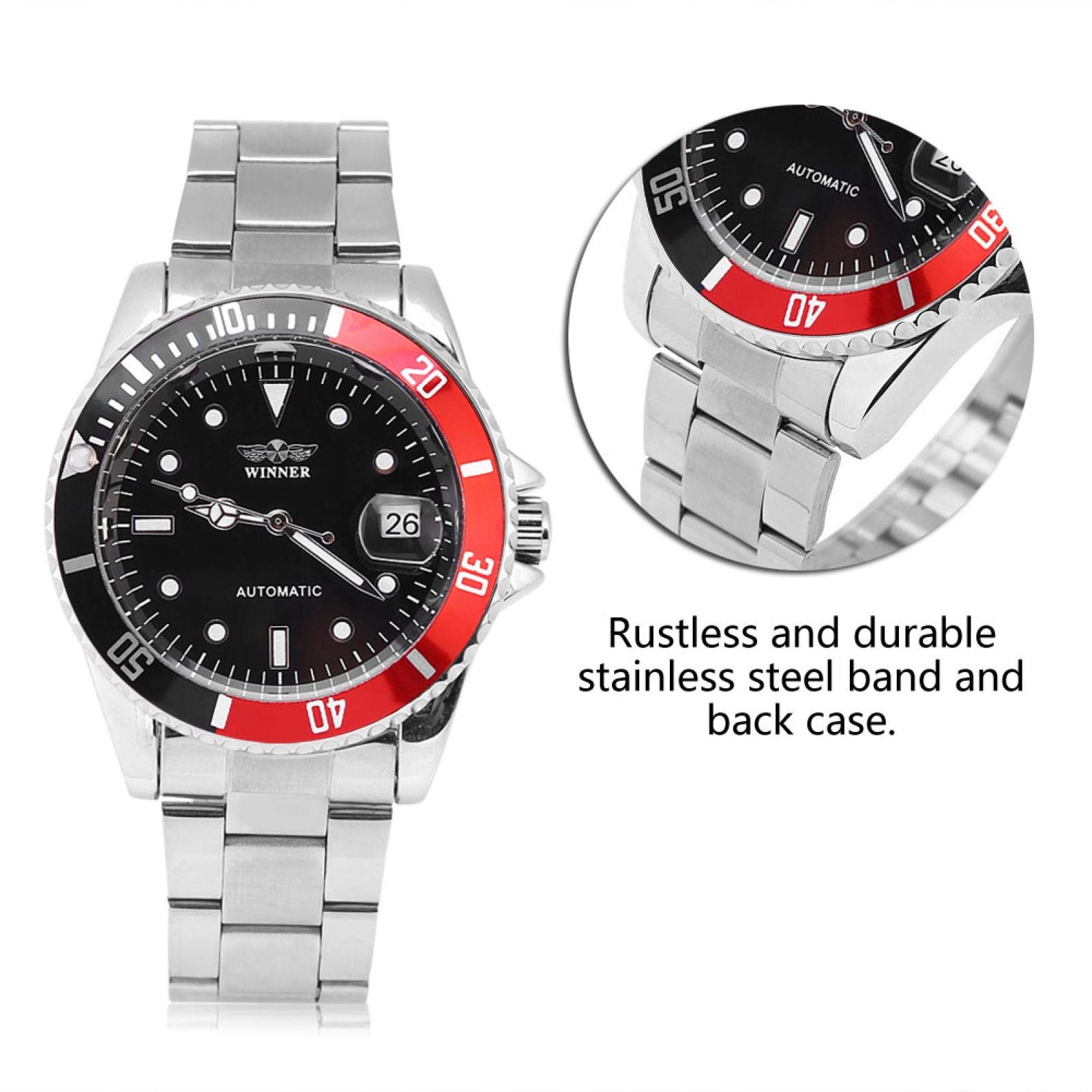 Rot Schwarz Silber Automatische Herrenuhr für Sport und Business mit Edelstahl Armband