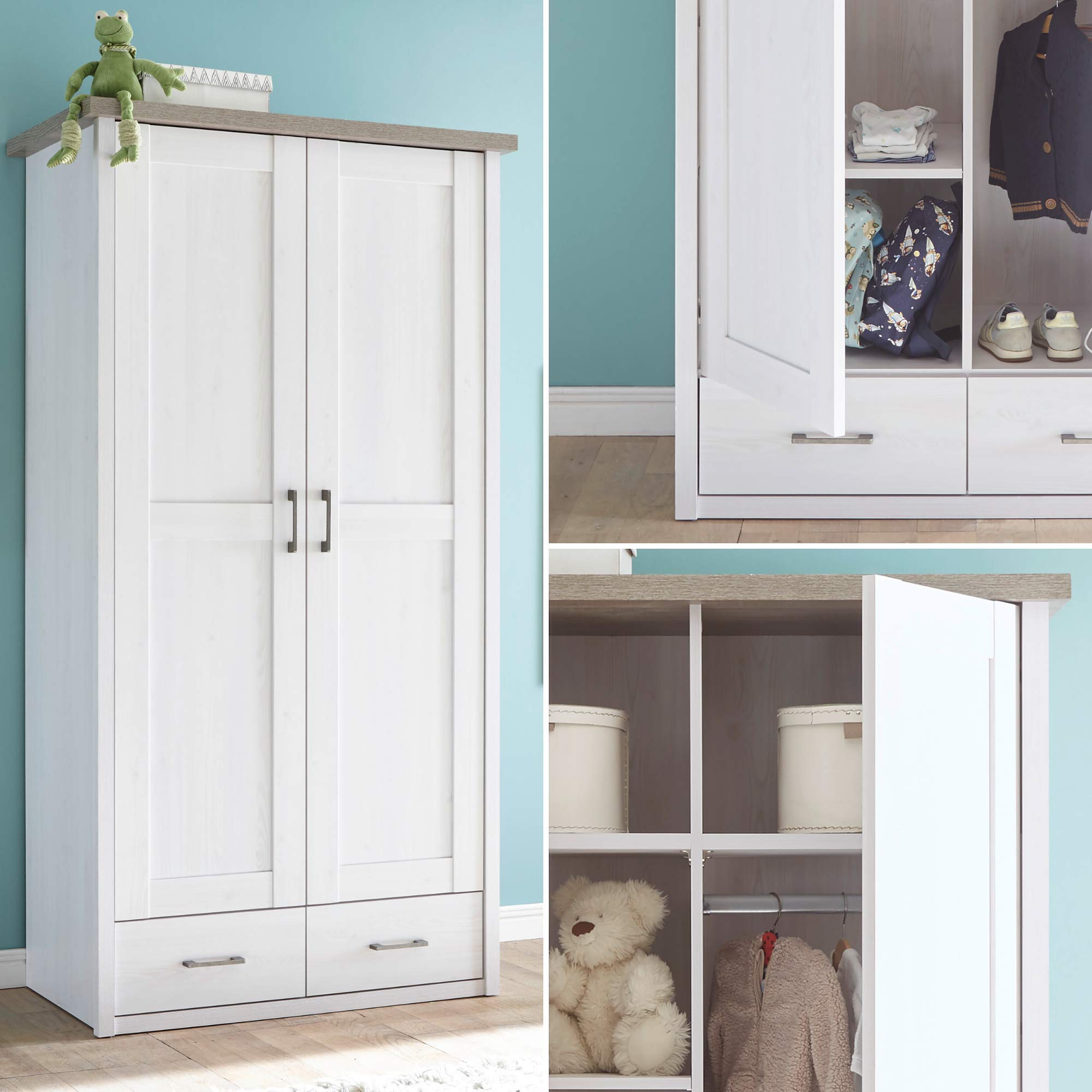 LUCA Eleganter Kleiderschrank Babyzimmer 2-türig - Vielseitiger Drehtürenschrank mit viel Stauraum in Pinie Weiß / Trüffel - 106 x 201 x 55 cm (B/H/T)