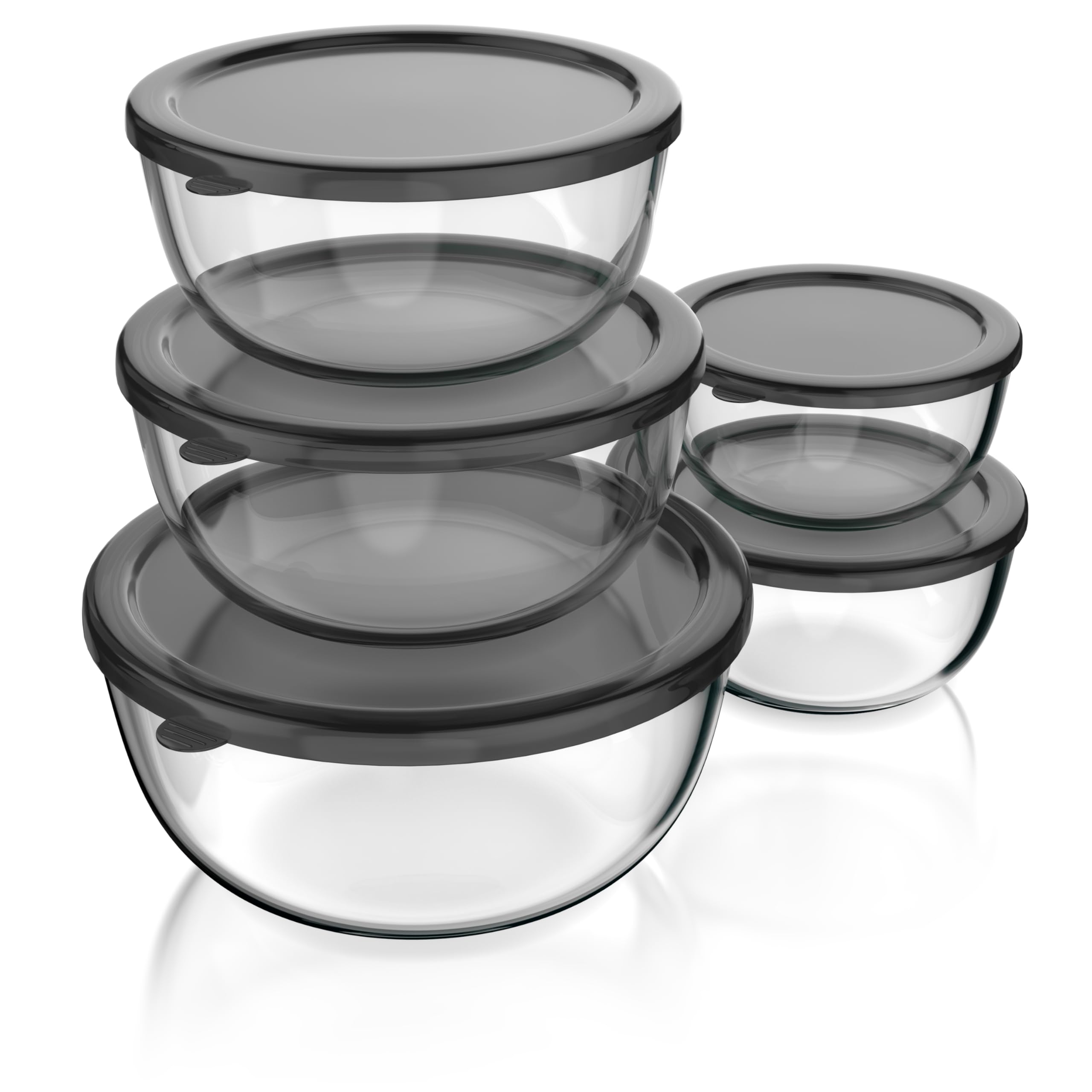Arendo - Salatschüssel aus Glas mit Deckel - Glasschüssel 5er Set - 1000ml + 1500ml + 2000ml + 2700ml + 4400ml – Rührschüsseln klein bis groß – Borosilikatglas - Glasschale Salatglasschale