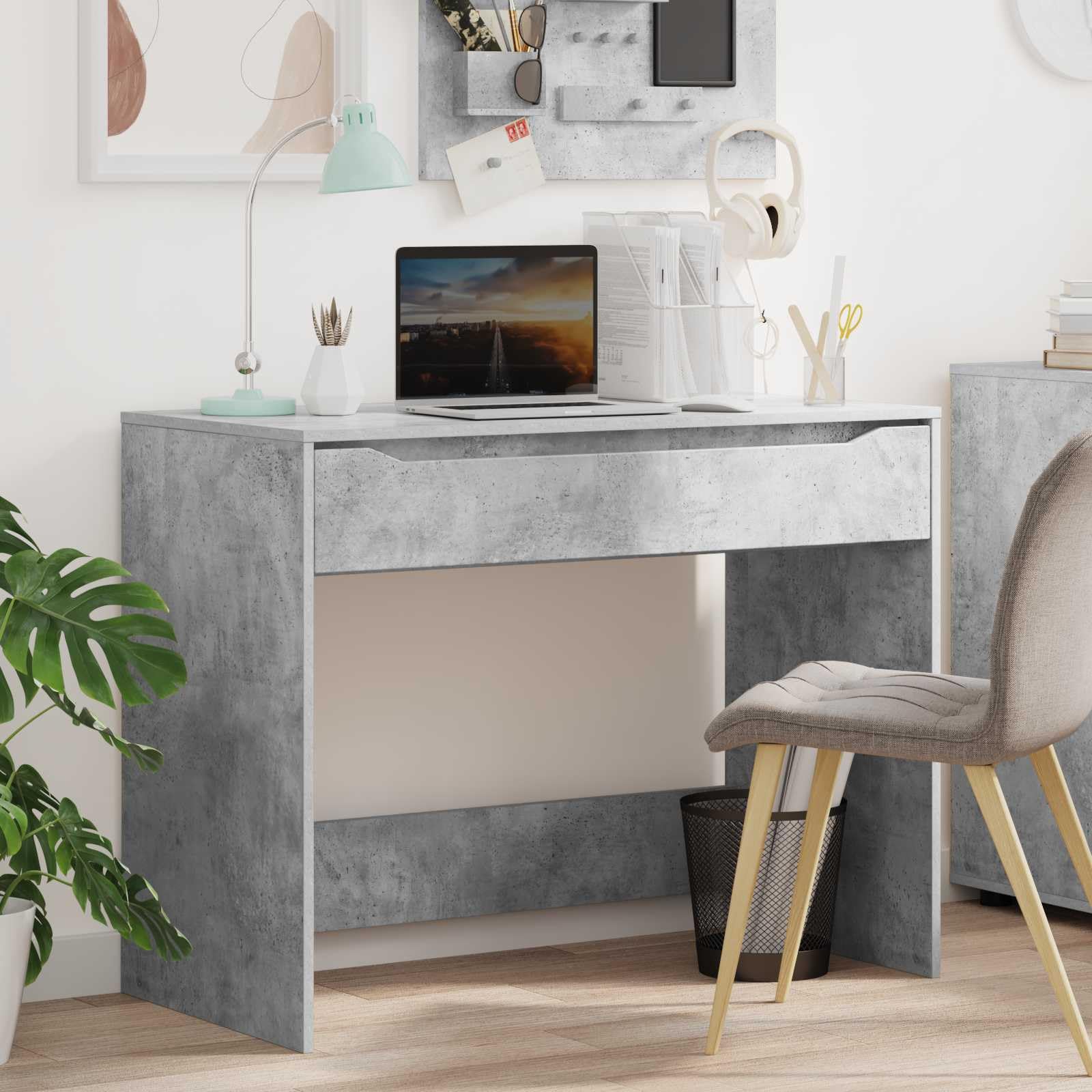 Escritorio gris hormigón 100 x 50 x 78 cm de madera con cajón para oficina en casa, oficina, trabajo informático, bandeja para teclado para espacio de trabajo ordenado