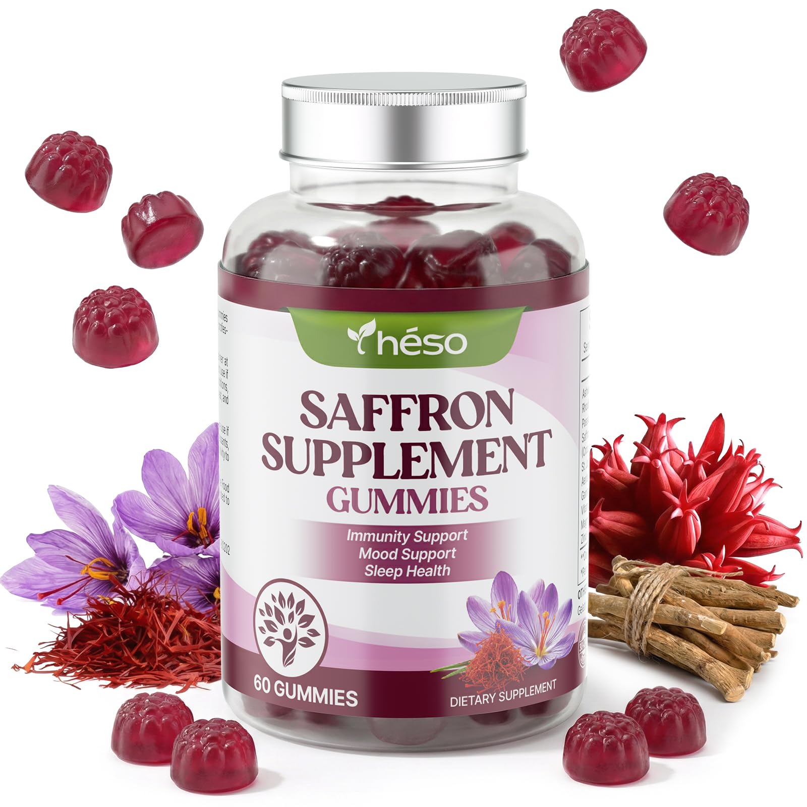 Saffron Gummies with Ashwagandha, Rhodiola & GABA – Sugar Free Mood & Stress Support Supplement with Magnesium, Vitamin D3 & Zinc – Calm & Relaxation Blend, 60 Gummies (30 Servings) 60 Count (Pack of 1)