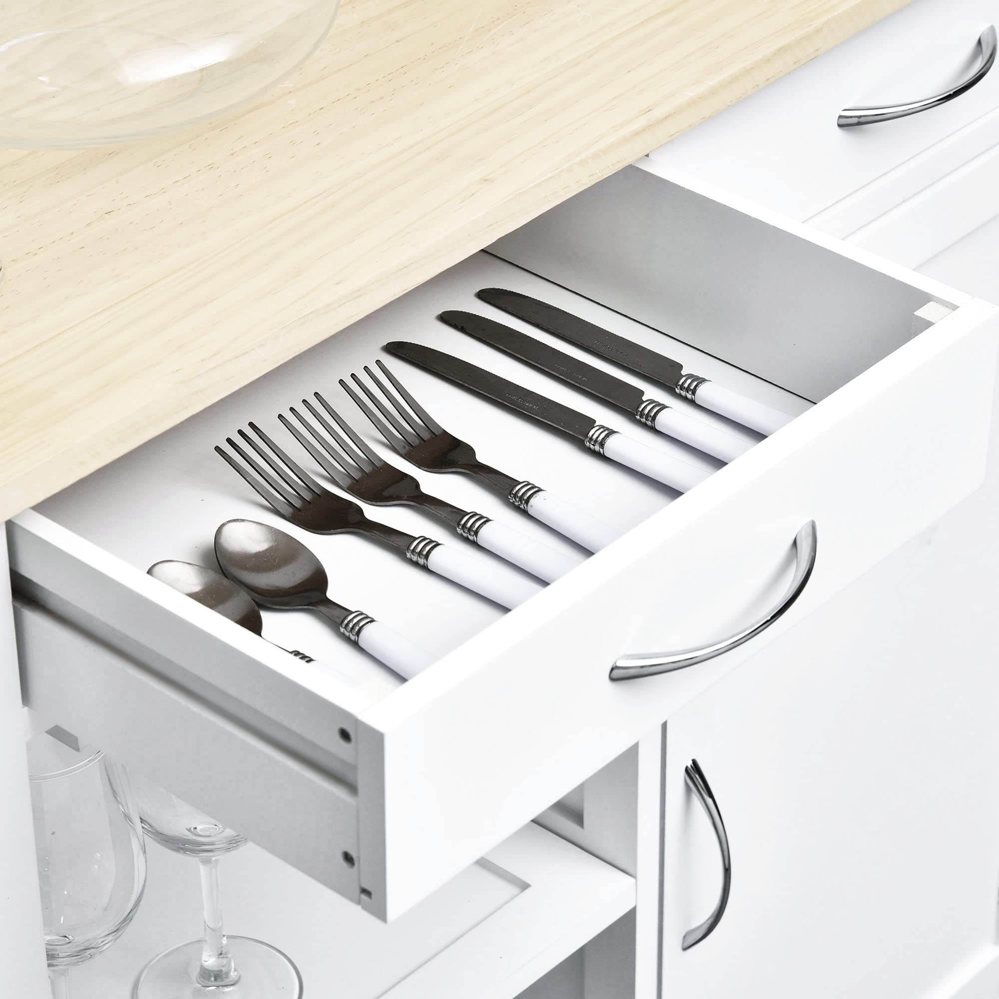 HOMCOM Carrello da Cucina Classico con 2 Cassetti e Ruote, Isola Cucina in Legno con Armadietto 2 Ante Salvaspazio, 89x40x84cm, Bianco