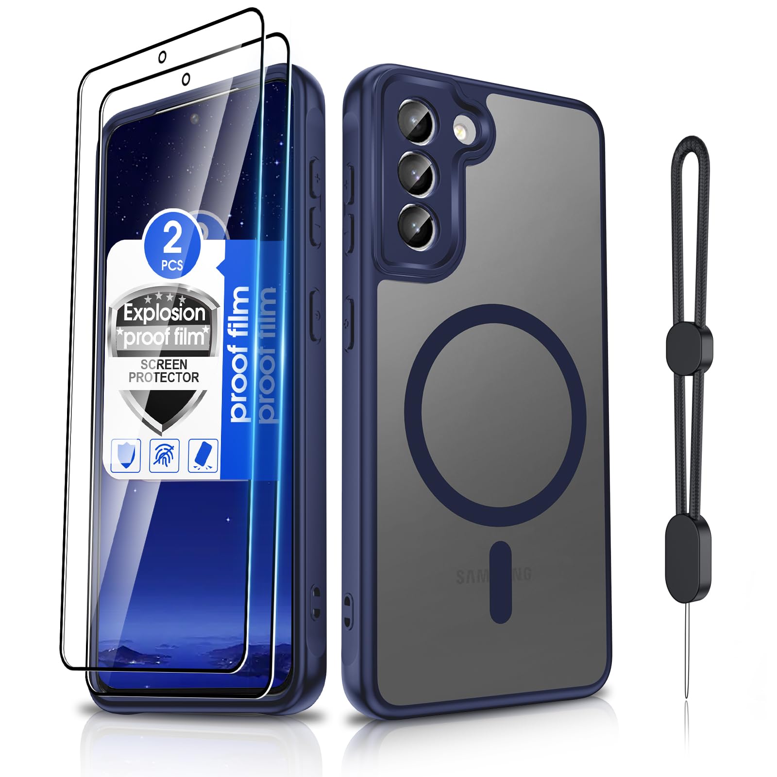 Dizn for Samsung Galaxy S21 Case: with Explosion-Proof Film,Phone Strap, [Compatible with MagSafe], Military Grade Shockproof Soft Case Protective 6.2-Inch Samsung S 21 5G,Blue