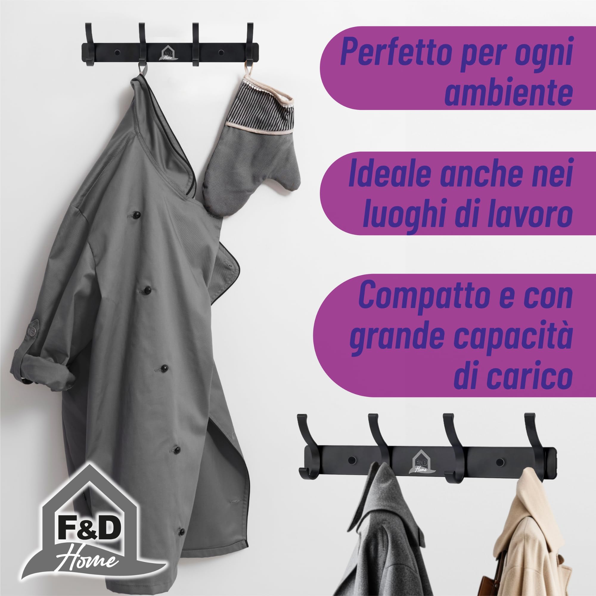 F&D Home - Appendiabiti da Parete con 4 Ganci e 2 Viti Facile da Montare – Attaccapanni da Muro Moderno in Lega di Alluminio – Porta Asciugamani Bagno, Appendigiacche Ingresso,Appendi Strofinacci
