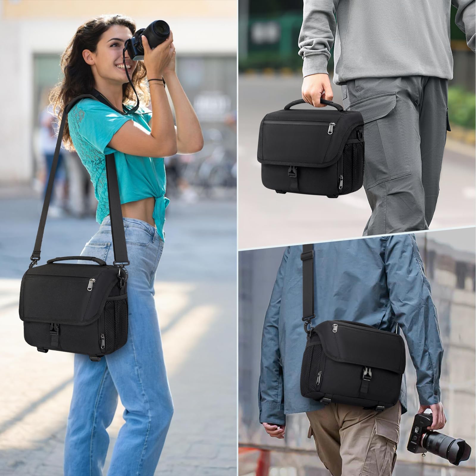 RAINSMORE Borsa Fotografica SLR DSLR Piccola Borsa Tracolla Macchina Fotografica Impermeabile Borse per Fotocamera Reflex con Tracolla Regolabile Nero