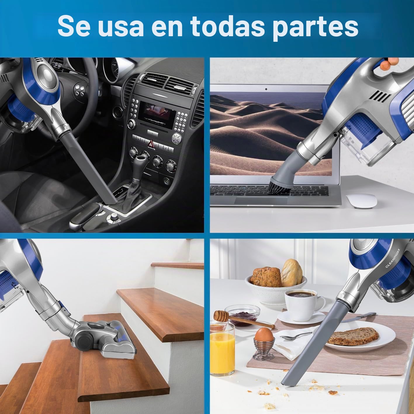 CLEANmaxx Aspiradora ciclónica sin Cable sin Bolsa con batería Recargable | aspiradora de Piso 2 en 1 y aspiradora de Mano, Potente y de bajo Consumo [Azul/Plateado]