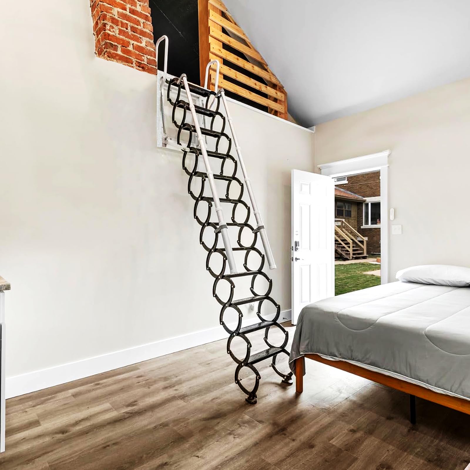 Escalera de ático de Pared, 12 Peldaños Escaleras Telescópicas desván, Escaleras Metálicas Plegables para áticos con Peldaños Telescópicos, para áticos, garajes y techos (Black, 12 Peldaños)