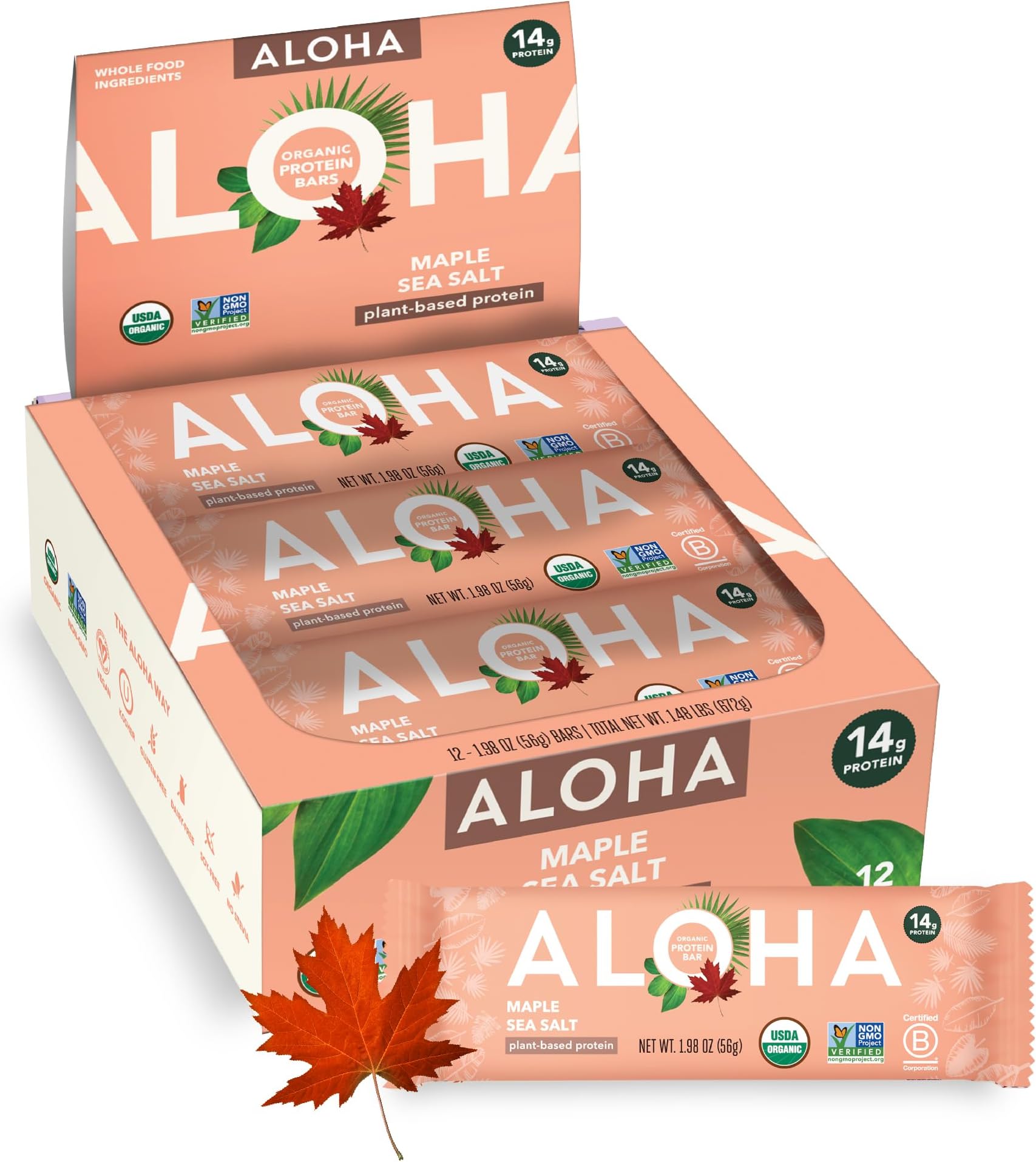 Aloha Organic Maple Sea Salt Protein Bar, 12 ct