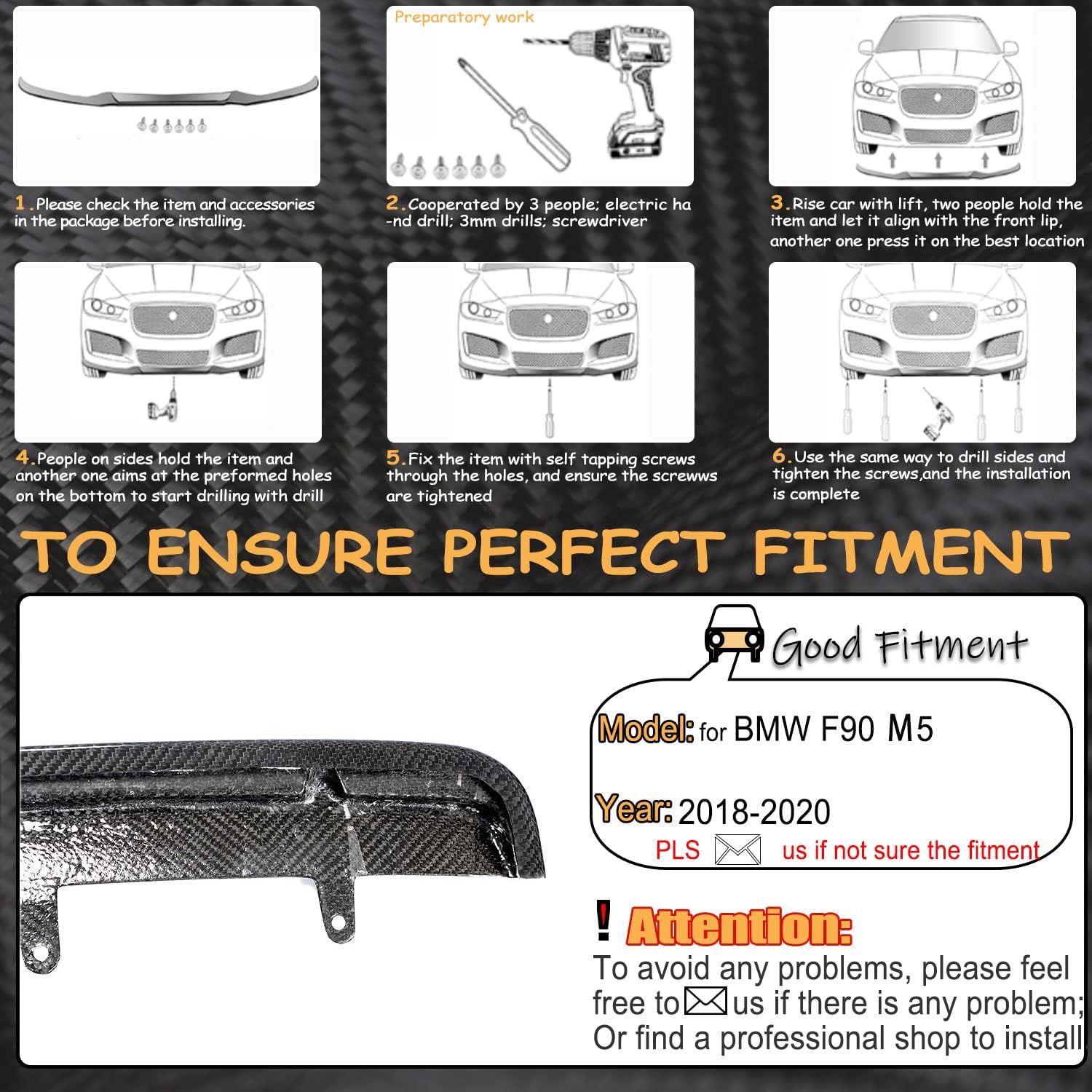 MCARCAR KIT F90 Real Carbon Fiber Front Bumper Lip for BMW 5 Series F90 M5 Sedan 2018-2020 Front Chin Spoiler Splitter Protector Factory Outlet (Style A)