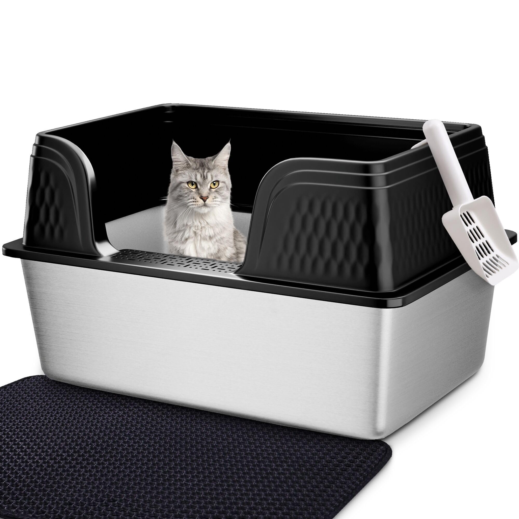 Vealind XXL Stainless Steel Cat Litter Box High Sided with Lid 23.7" L x 16" W x 14" H Side Entry Extra Large Metal Cat Litter Pan with Scoop and Mat for Big Cats Black