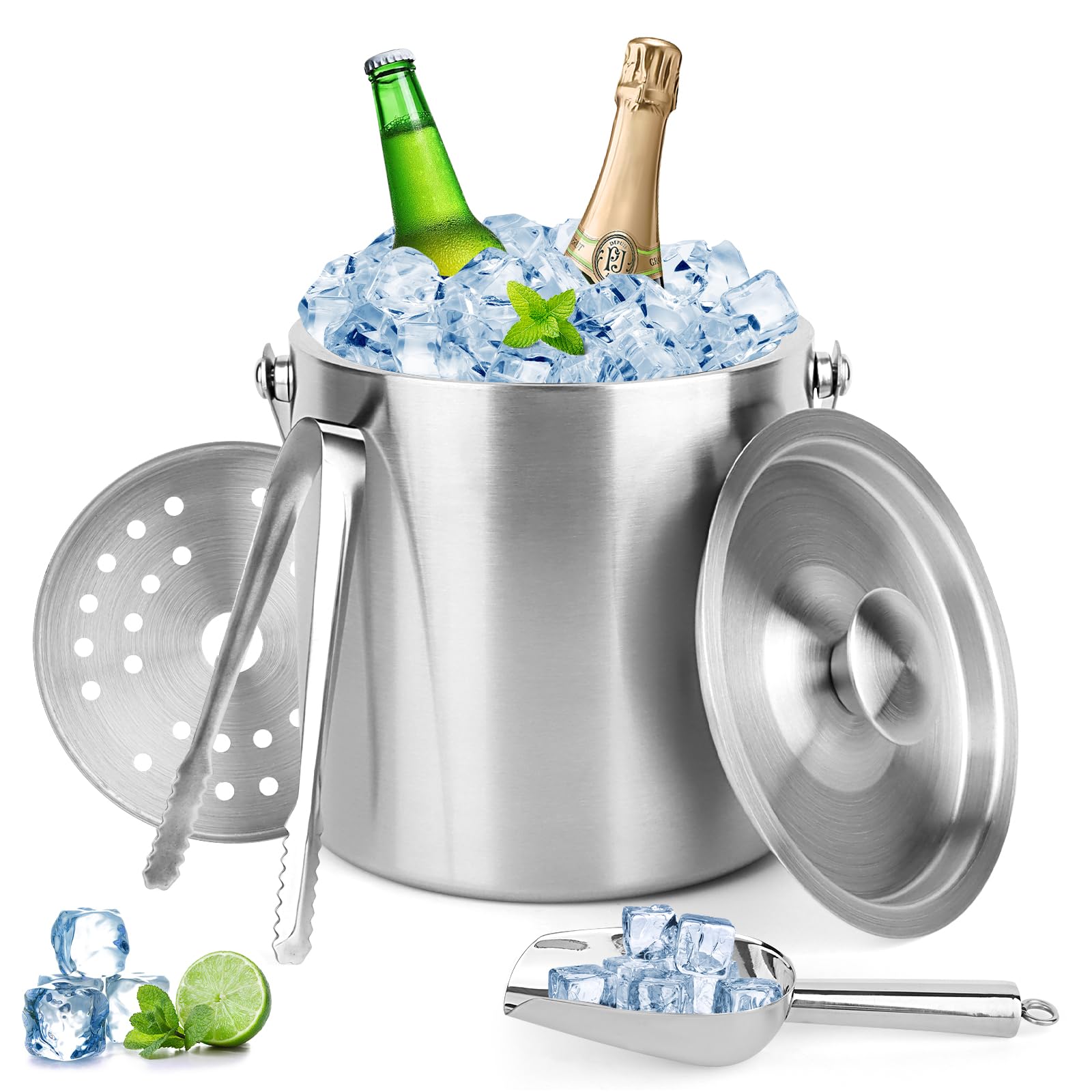 NVIYAM 2L Secchiello per Ghiaccio,a Doppia Parete Secchiello Ghiaccio per Vino Bottiglie Champagne,con coperchio, pinze, colino e manico,con Coperchio Manico e Pinzeper Casa Bar Feste