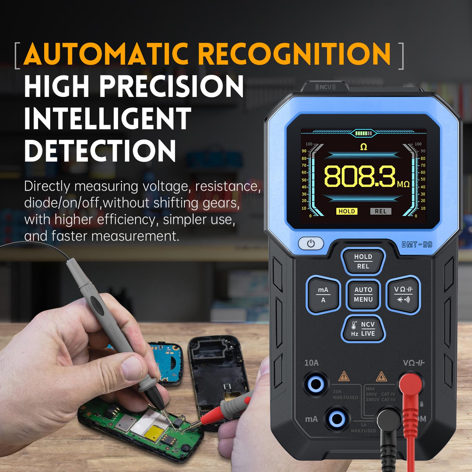 DMT-99 Multimetro Digitale, Tester Elettricista 10000 Conti Voltmetro Diagnosi Automatica Amperometro Misura la Resistenza alla Tensione AC DC Frequenza Diodi NCV