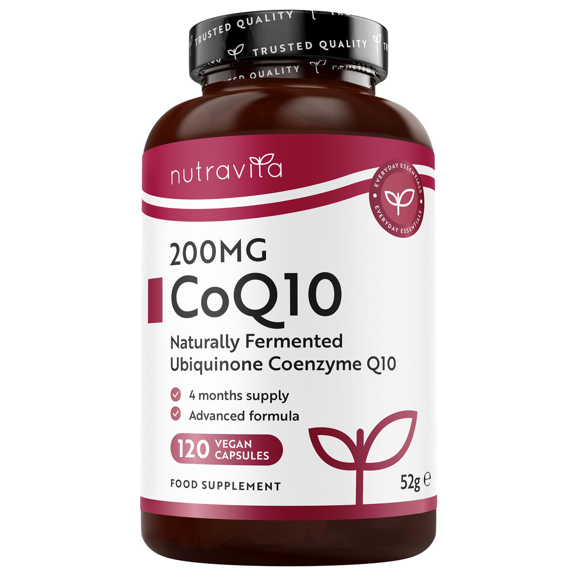 CoQ10 200mg - 120 Vegan Capsules of High Strength Co Enzyme Q10 (4 Months Supply) - 100% Pure and Naturally Fermented Ubiquinone Coenzyme - No Synthetic Additives - Made in The UK