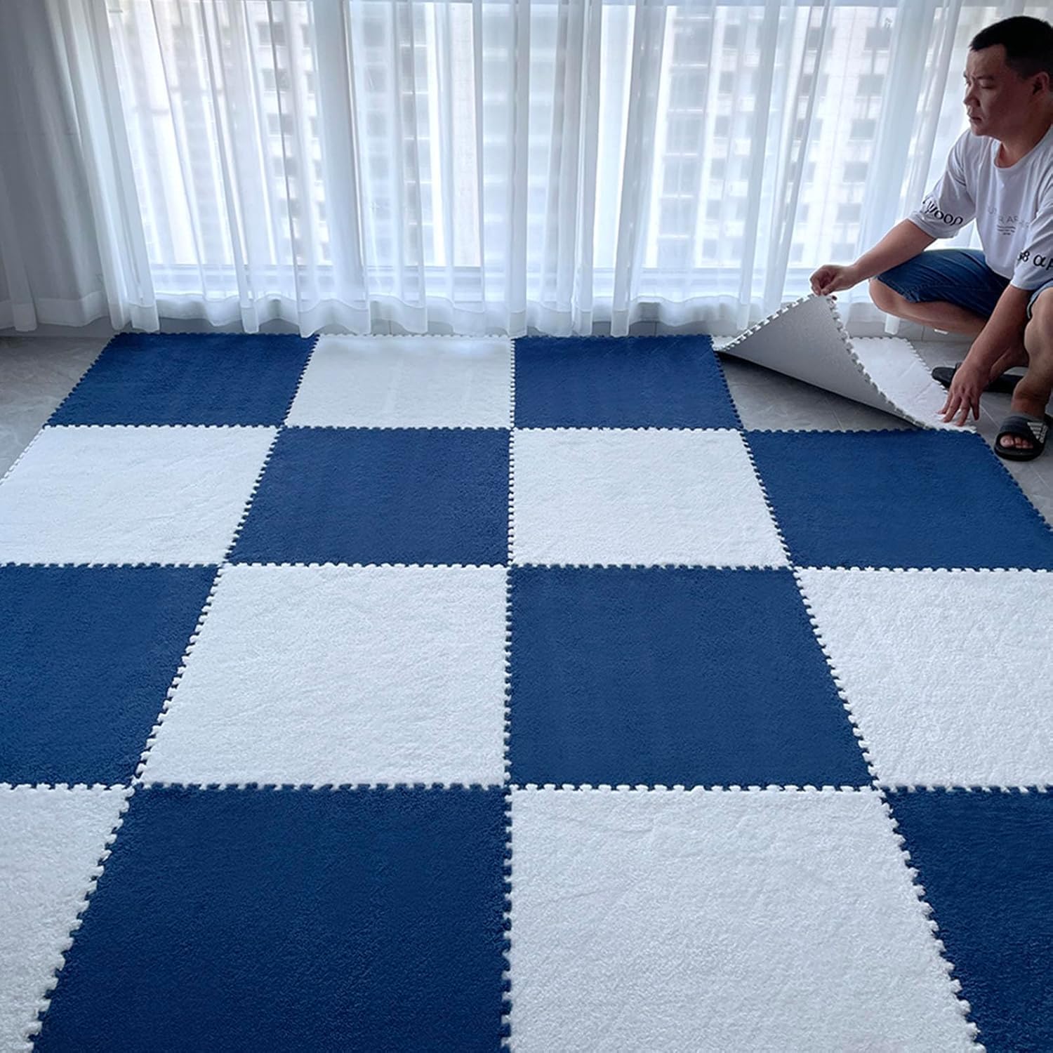 Baldosas de felpa esponjosa de alta densidad alfombra puzzle premium de 24x24 pulgadas bicolor