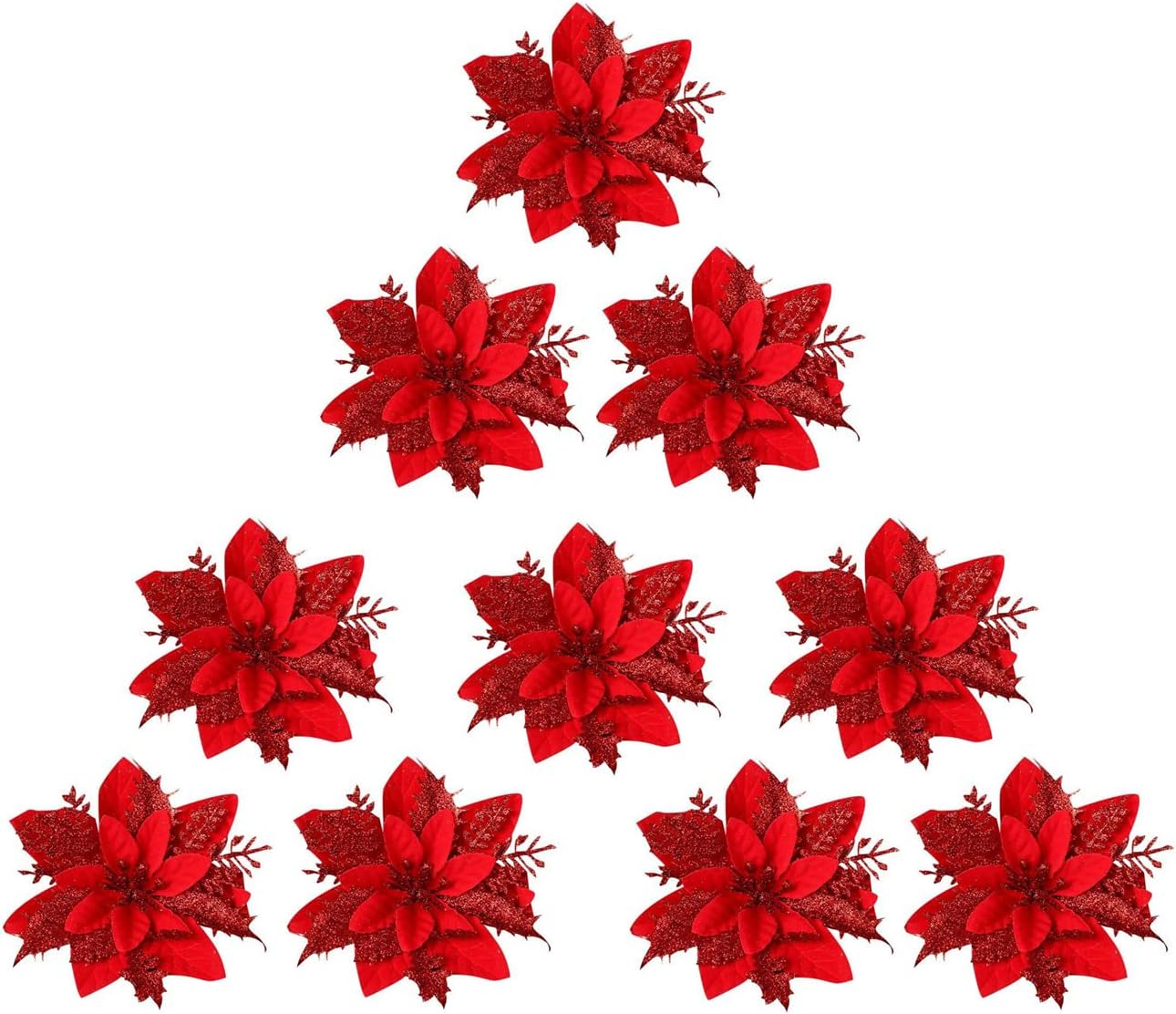 Dzrige10 PCS 5.5" Christmas Flowers Red Poinsettia Artificial Christmas Flowers Glitter Red Xmas Flowers for Home Xmas Tree Decorations New Year Wedding Party Wreath DIY Decor Supplies