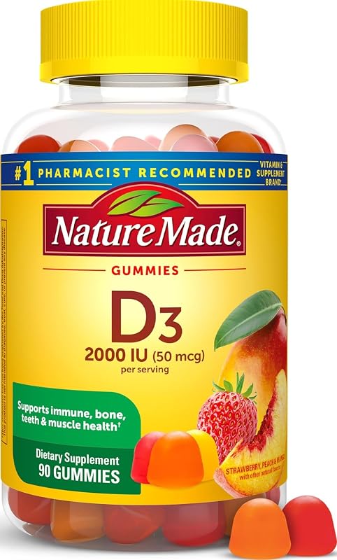 Nature Made Vitamina D3 2000 UI (50 mcg) por porción, 90 gomitas de vitamina D | Gomitas de vitamina D para adultos para apoyo a la salud inmune, ósea, dental y muscular, sabores de frutas, suministro para 45 días
