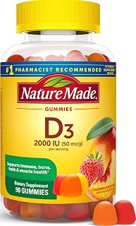Nature Made Vitamina D3 2000 UI (50 mcg) por porción, 90 gomitas de vitamina D | Gomitas de vitamina D para adultos para apoyo a la salud inmune, ósea, dental y muscular, sabores de frutas, suministro para 45 días