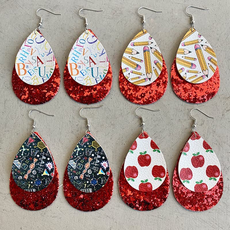 Funny Leather Layered Teacher Drop Dangle Earrings Apple Pencil Glitter Teardrop Class Subject Learning for Women Lightweight Teacher Appreciation Graduation Jewelry3