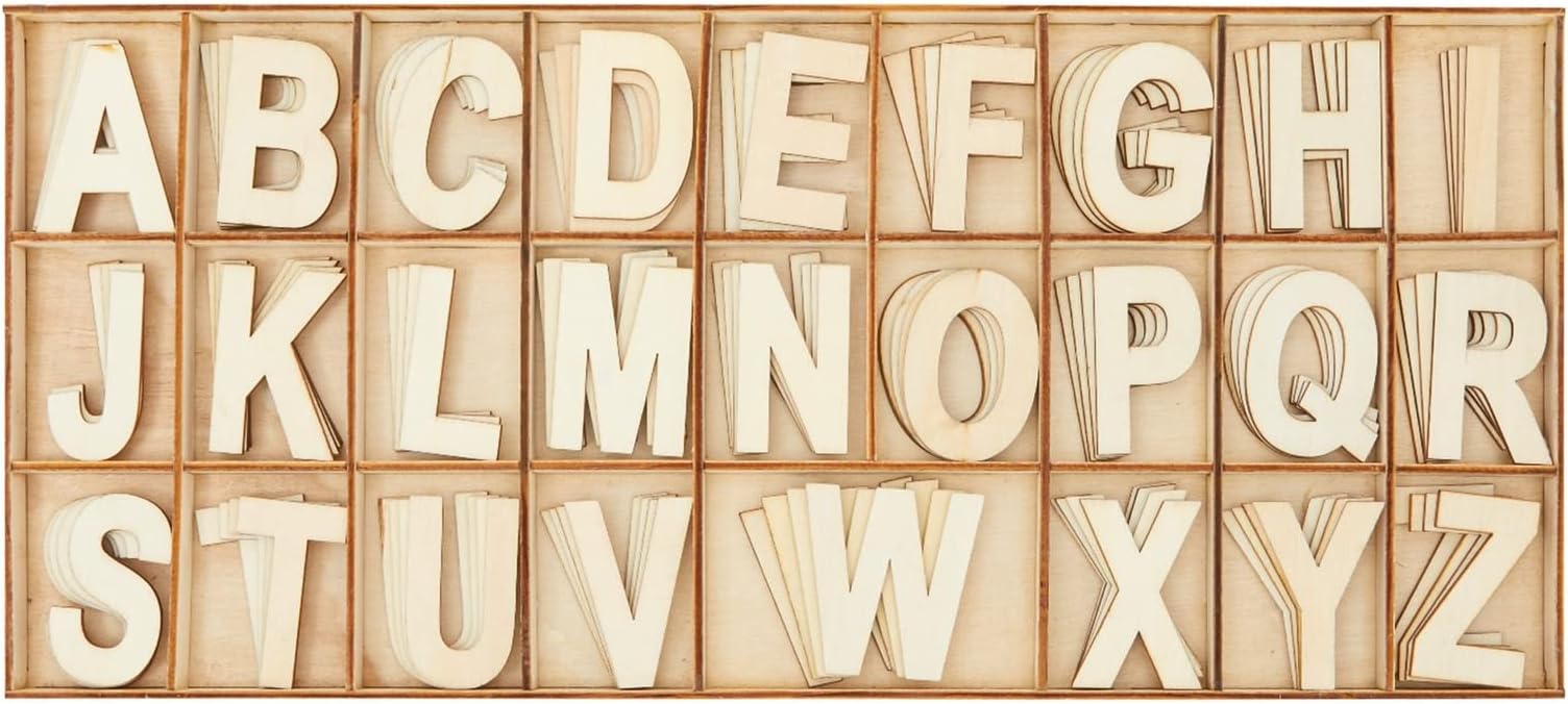 2-Inch Wooden Alphabet Letters for Arts and Crafts, 4 Sets Uppercase ABCs with Sorting Tray, Sign Letters for Adults, Natural Color (104 Pieces)