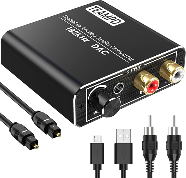 192kHz DAC Converter with Volume Control, Aluminum Digital SPDIF Toslink to Analog Stereo Audio Converter, R/L Converter Adapter with Optical, Coaxial and USB Cable For HDTV DVD PS4 Sky HD Blu-ray