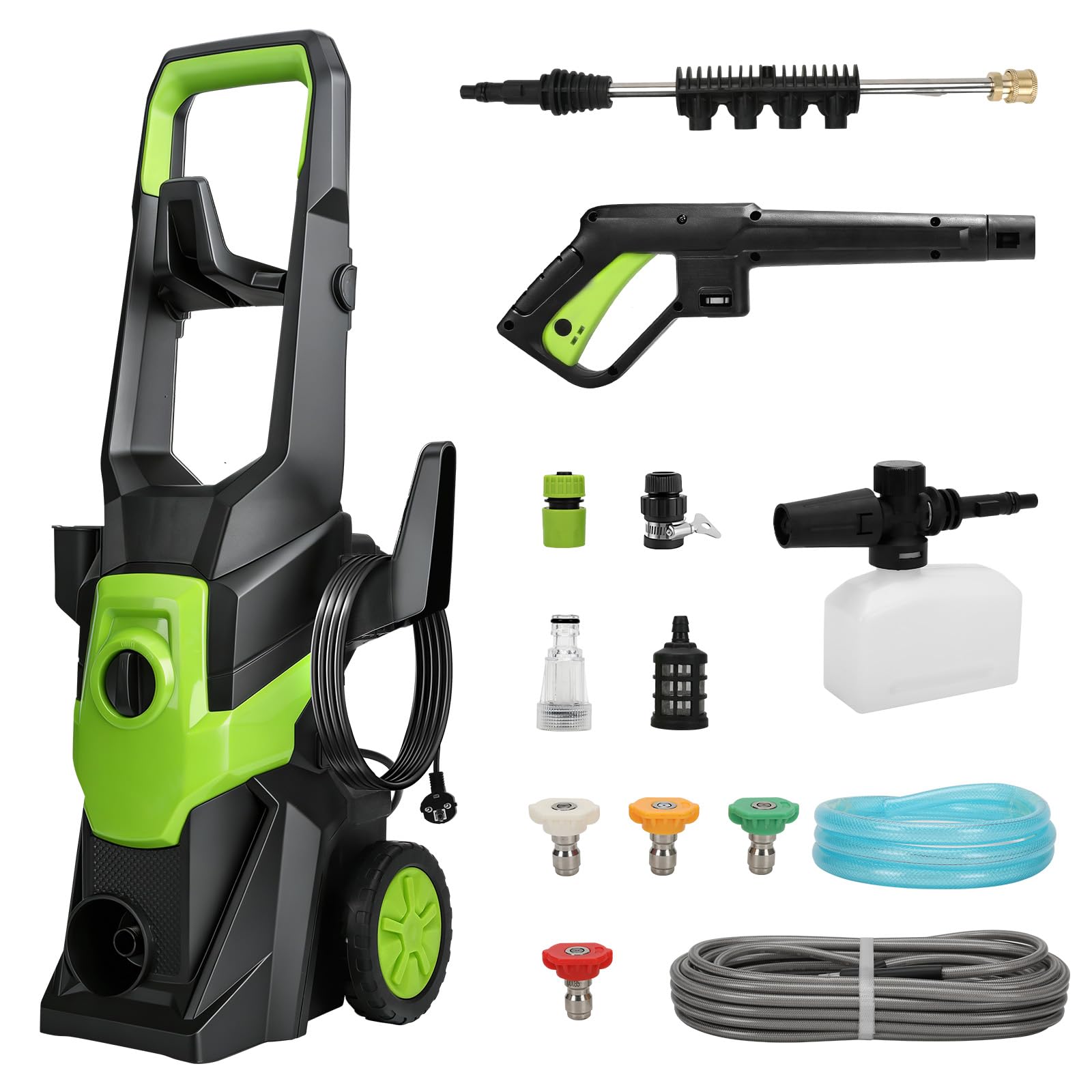 Limpiadora a Presión 1400W, Máx. 130 Bar, 5,6 L/min | Limpiador de Superficies, Manguera 10 m, Tubo de Entrada 1,8 m, Lanza, 4 Boquillas, Jarra de Espuma, Filtro