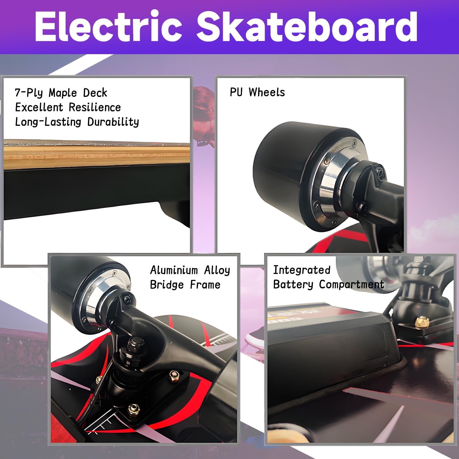 Skateboard électrique avec télécommande, Longboard électrique, Vitesse maximale de 25 mph, réglage à 4 Vitesses, pour débutants et confirmés. A-2