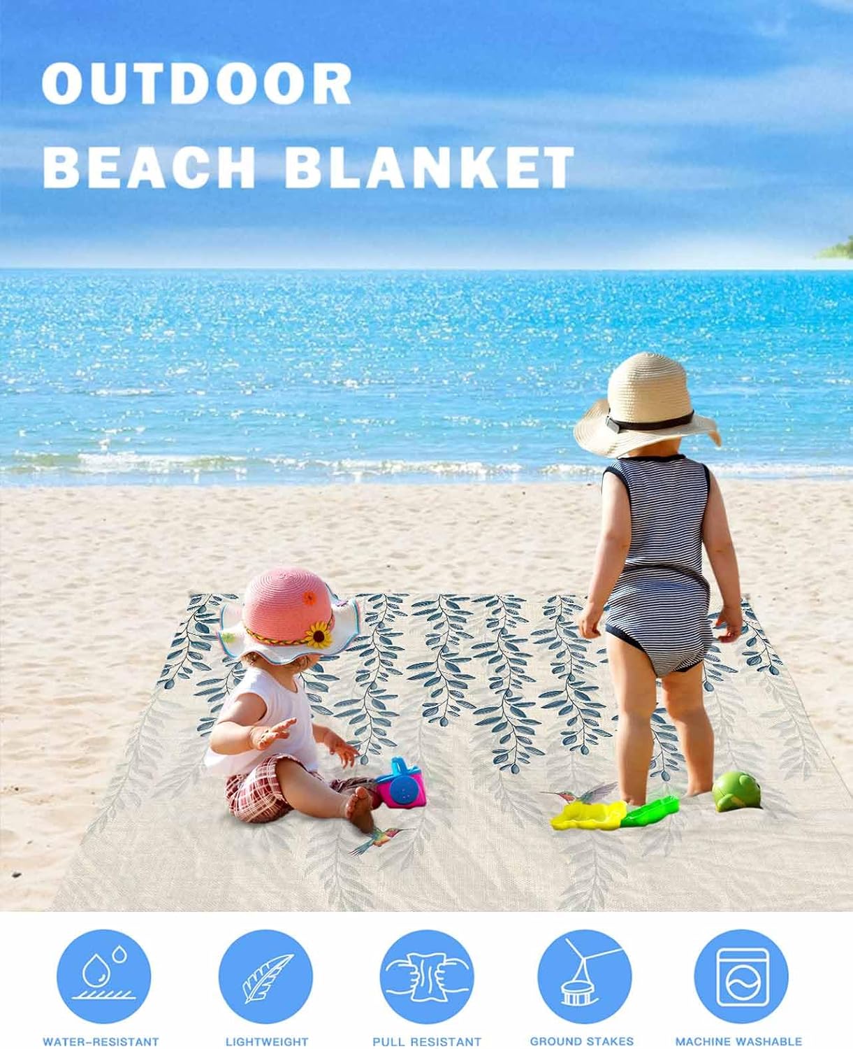 Beach Blanket Waterproof Sandproof Beach Mat,Spring Retro Bird Leaves Linen Picnic Blankets with Sand Pockets and Stakes,Vintage Animal Botanical Plant Outdoor Pad for Seaside,Travel 118x108In