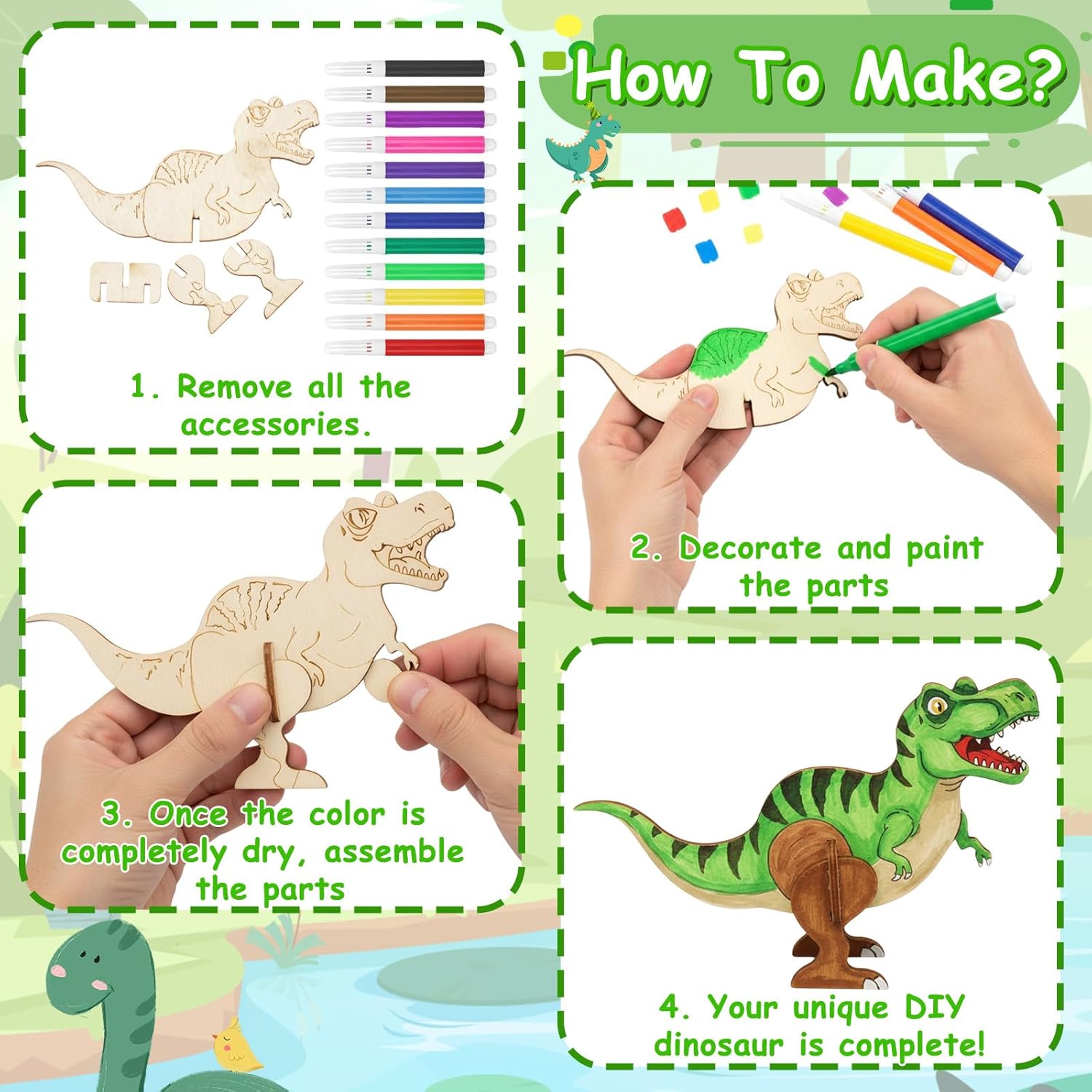 Dinosaur Wooden Craft Sets for Children, 16 Dinosaur Wood, 12 Colouring Pencils, 32 Eye Stickers, 2 Rhinestone Stickers, 3 Tattoos, Children's Birthday Activity, Craft Ideas, Children's Birthday