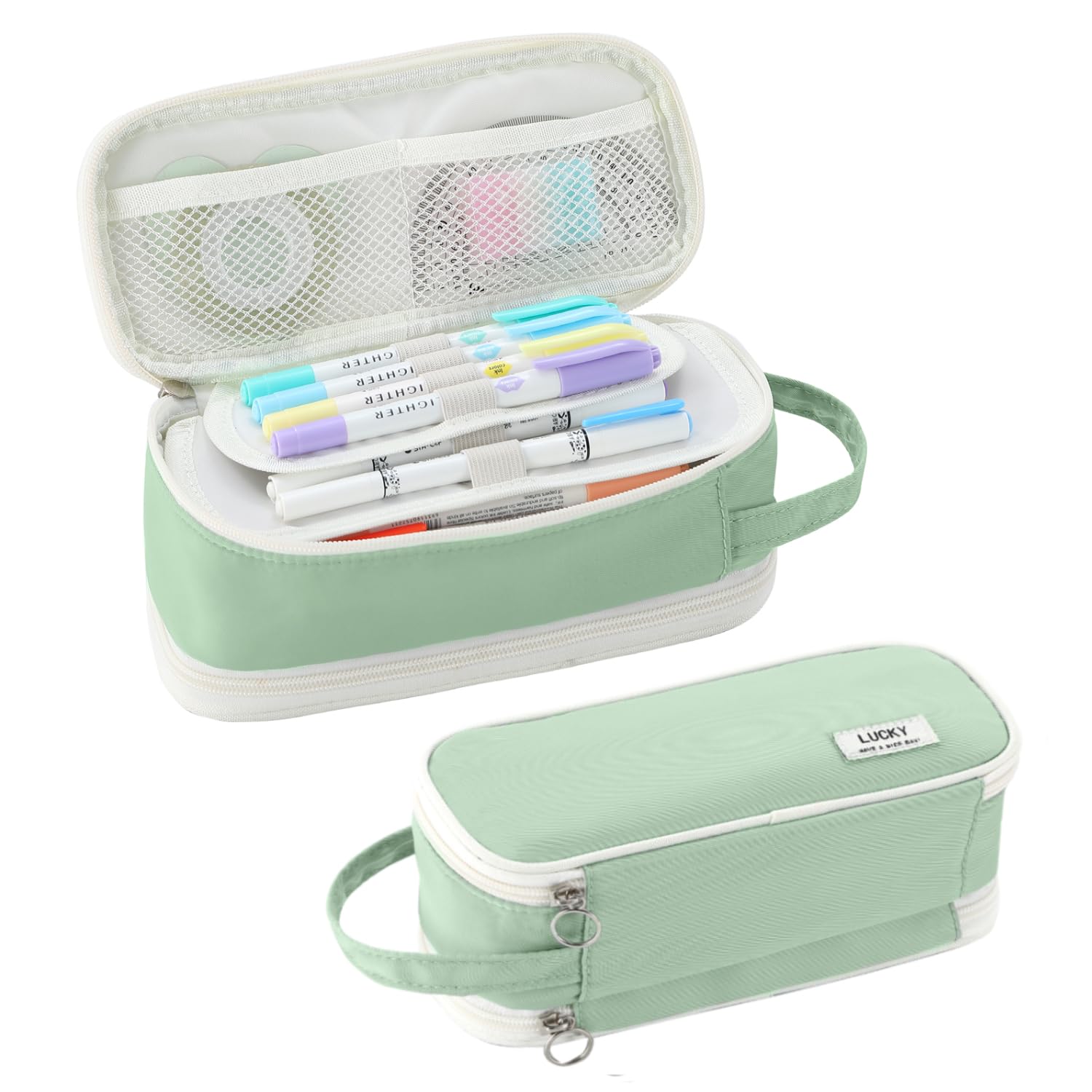 Pencil Case Large Zipper Pencil Pouch for Girls Kids Teens Adults Aesthetic Pencil Bag Stationery Organizer Pen Pencil Case with Handle for School Green