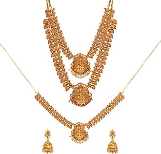 Yellow Chimes Jewellery Set for Women Gold Plated Traditional Temple Jewelry Set Antique Necklace Set with Earrings and Maangtikka for Women and Girls