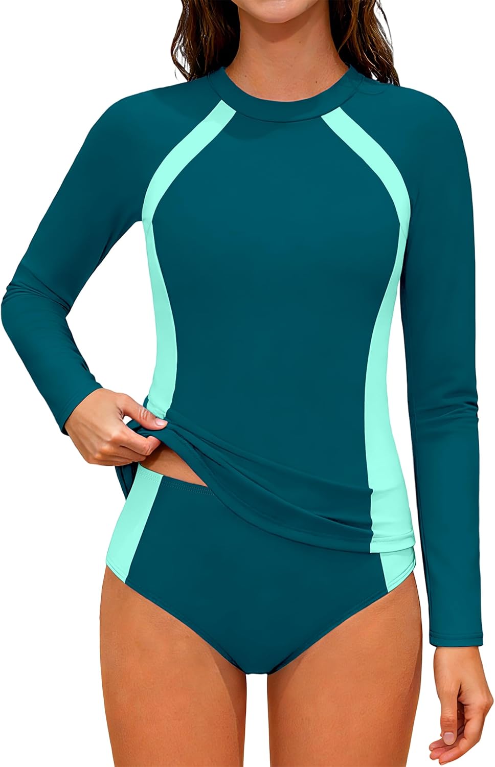 Girls Rash Guard Swimsuit Long Sleeve Swimsuit Color Block Two Piece Bathing Suit for Girls UPF 50+ Padded Swimwear