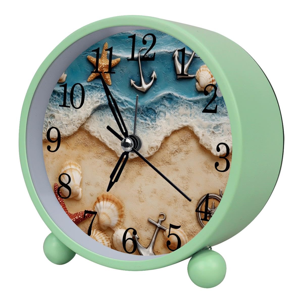 Luoweisi Alarm Clock Starfish Seashell, Silent Non-Ticking with Night Light, Round Metal Alarm Clock for Office, Battery Operated, Bedroom, Elderly, Adults, Children, Student Gifts