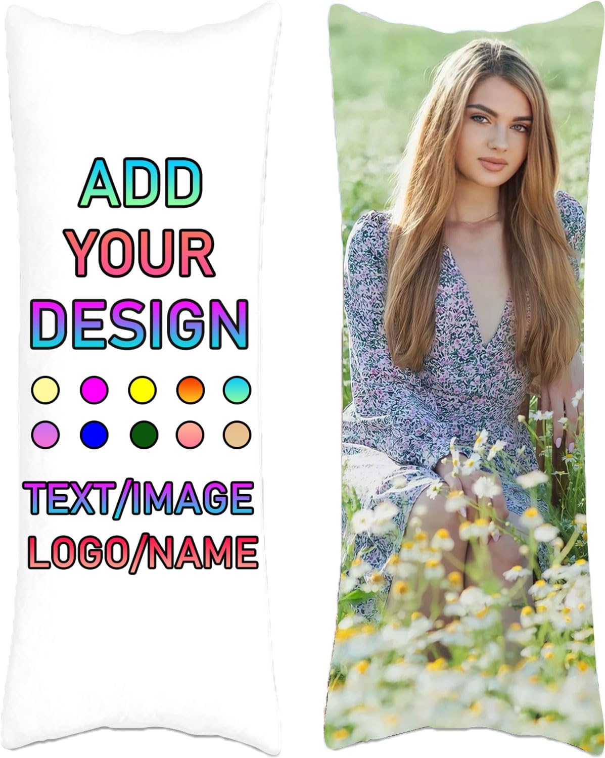Personalized Body Pillow Case, Custom Long Body Pillow Cover Add Your Picture Logo Text Throw Pillowcase with Hidden Zipper Cushion for Bed Home Decor 20"x60", White