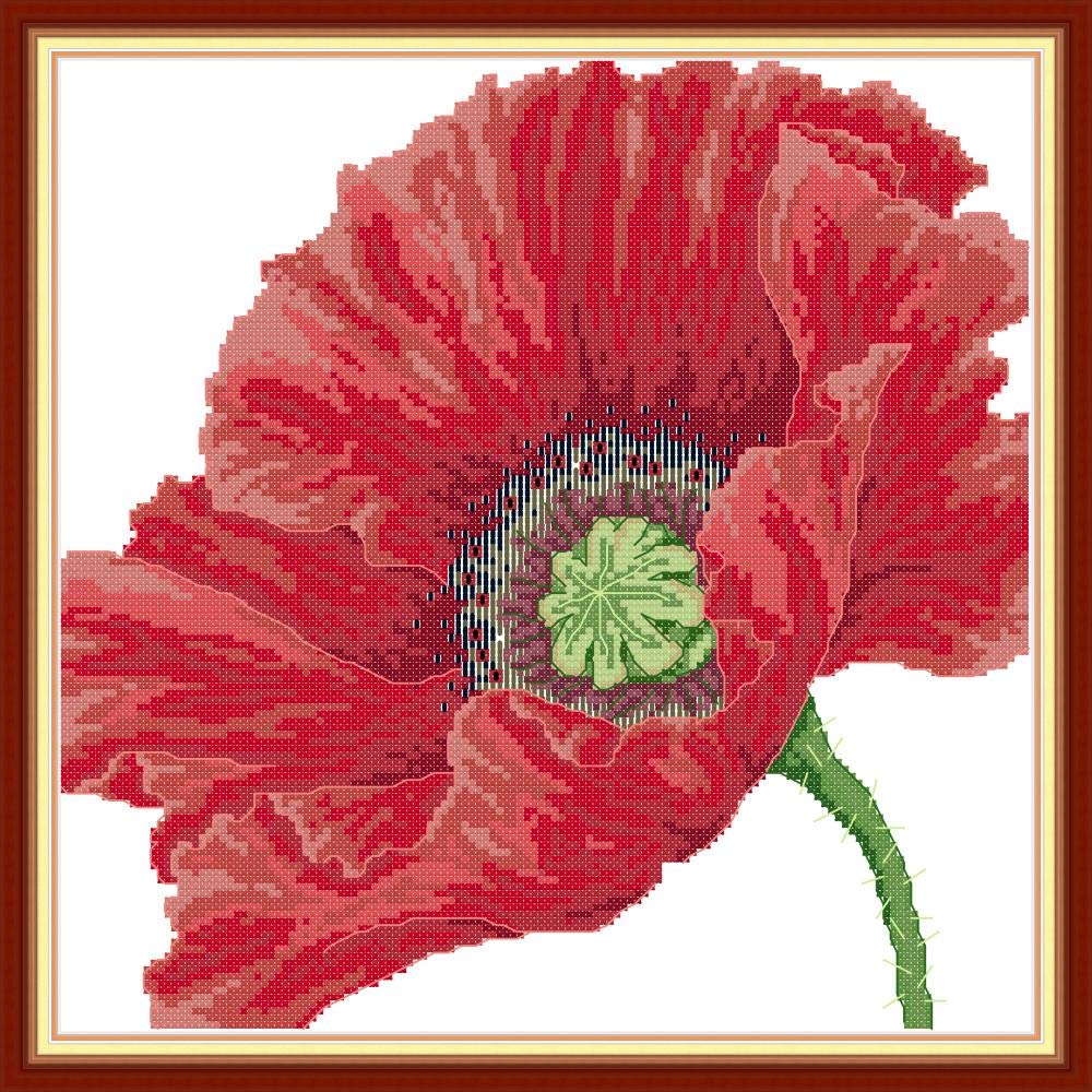 OWN4BCross Stitch Kits Stamped, Big Red Poppy Printed Pattern 11CT 16.5x16.5 inch DIY Embroidery Kit (Poppy)