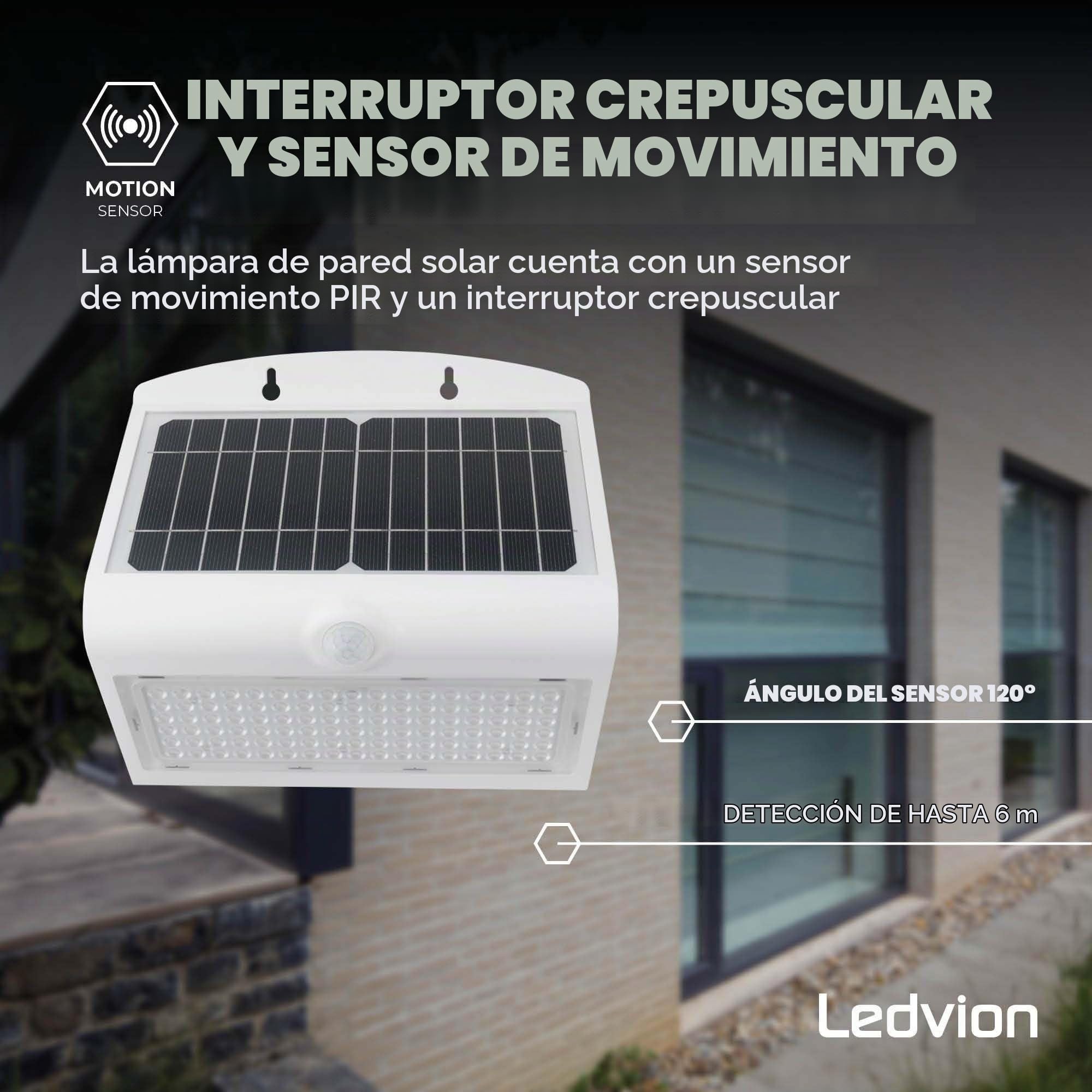 Ledvion - Applique Solare LED da Parete Moderna, 8W, 3000K, IP65, Blanca, 220 Lúmenes, Con Sensor de Movimiento, Energía Solar, Eficiente y Resistente al Clima