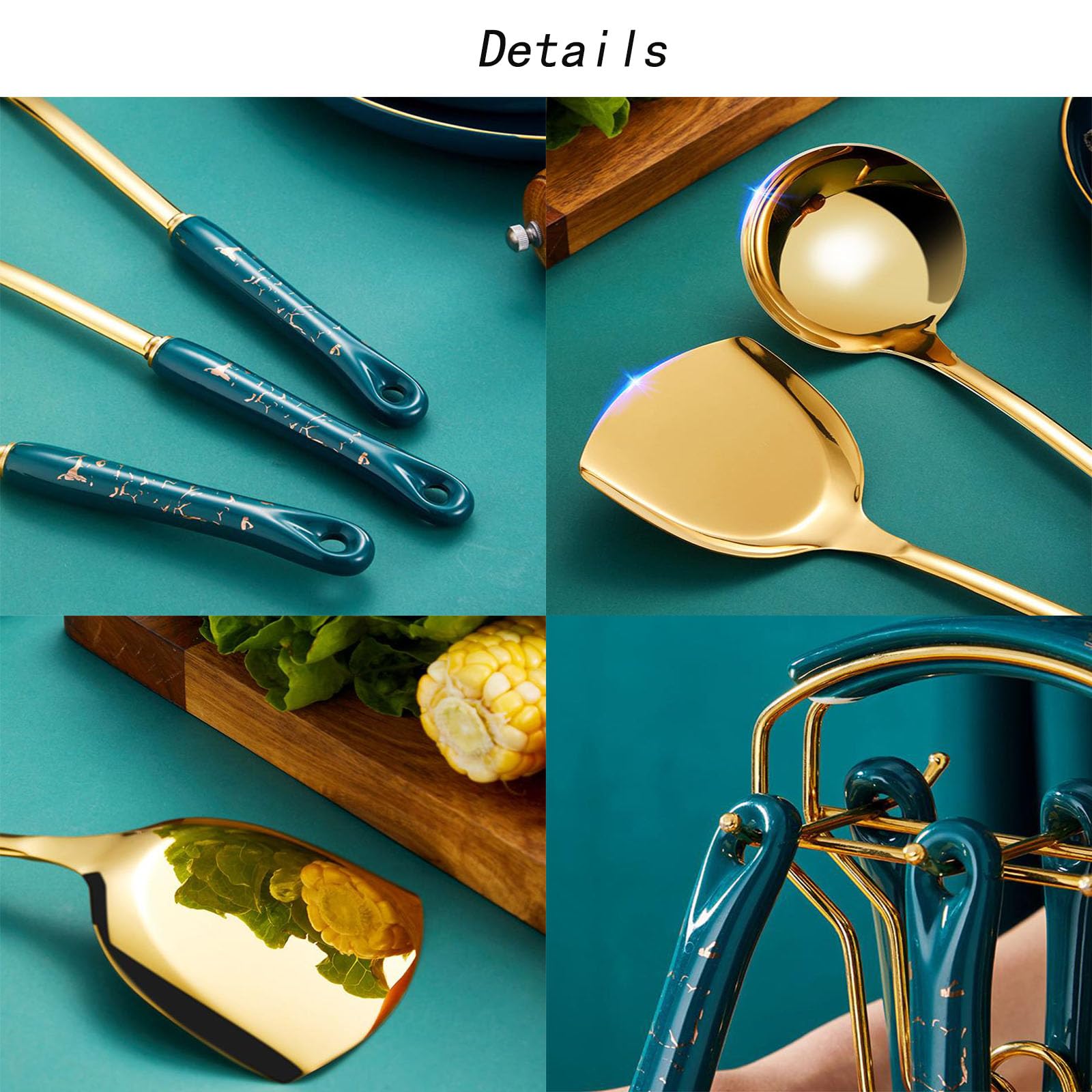 Set di Utensili Da Cucina, Set di Utensili Da Cucina Da 7 Pezzi, Set di Utensili Da Cucina in Acciaio Inossidabile Dorato con Portautensili, Include Spatola, Mestolo, Cucchiaio Per Pasta, Lavabile In