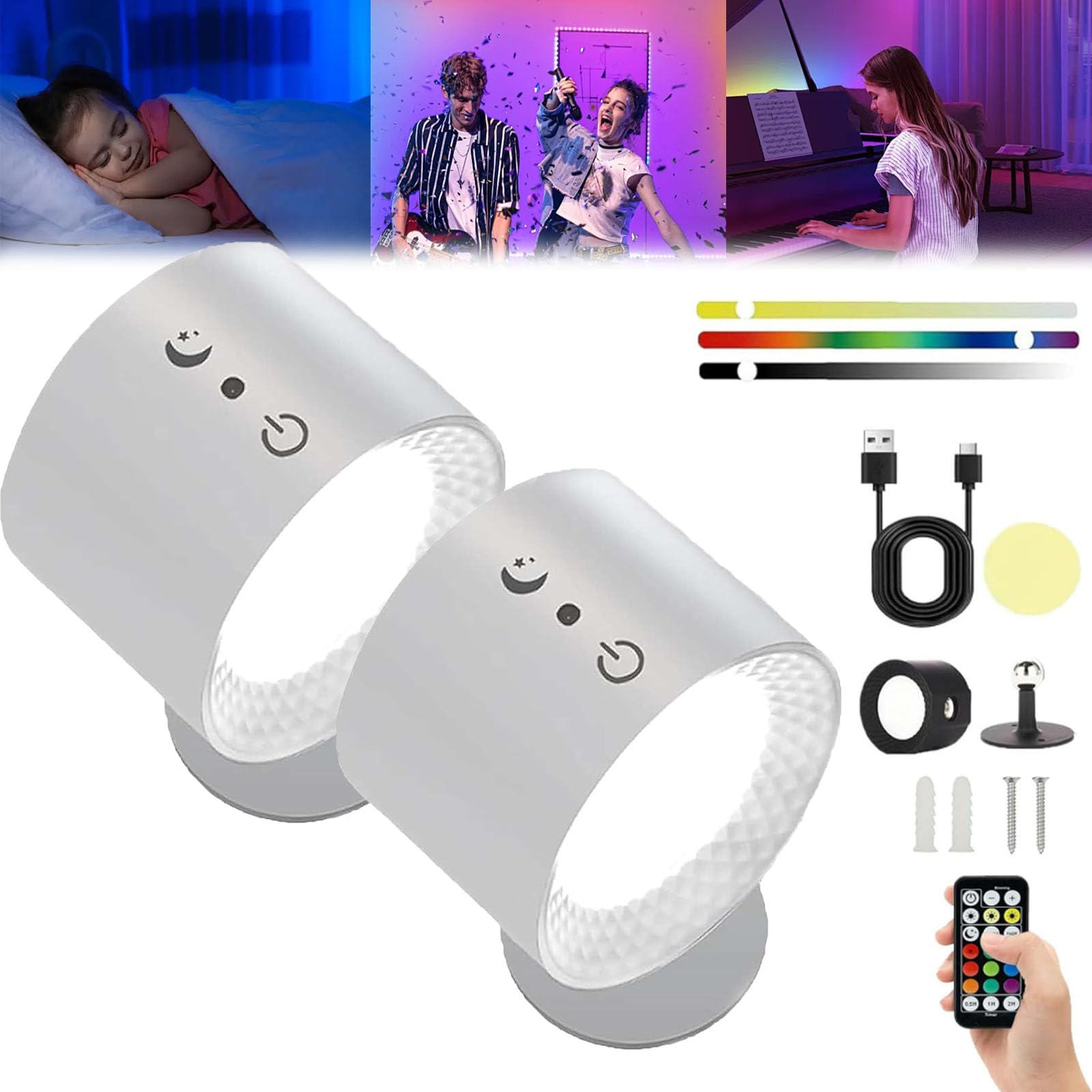 Yagerod The Glow Right, Glow Right Wall Lights, Cordless Glowright Indoor Everywhere Light 2.0, 360° Rotation Cordless Glowright Smart Lights with 7 RGB Colors, for Bedroom, Living Room (White *2)