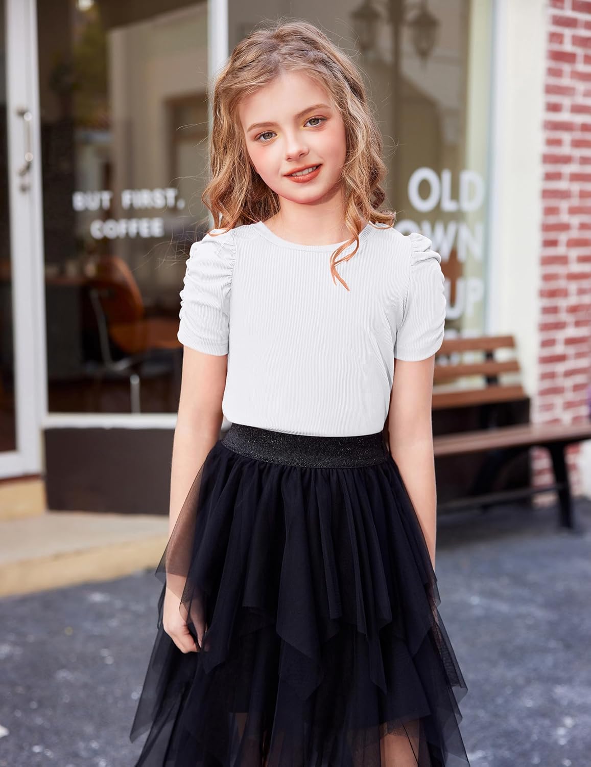 Arshiner Girls Puff Short Sleeve Shirts Summer Ribbed Knit Crewneck T Shirt Tops Tee Blouse - Image 5