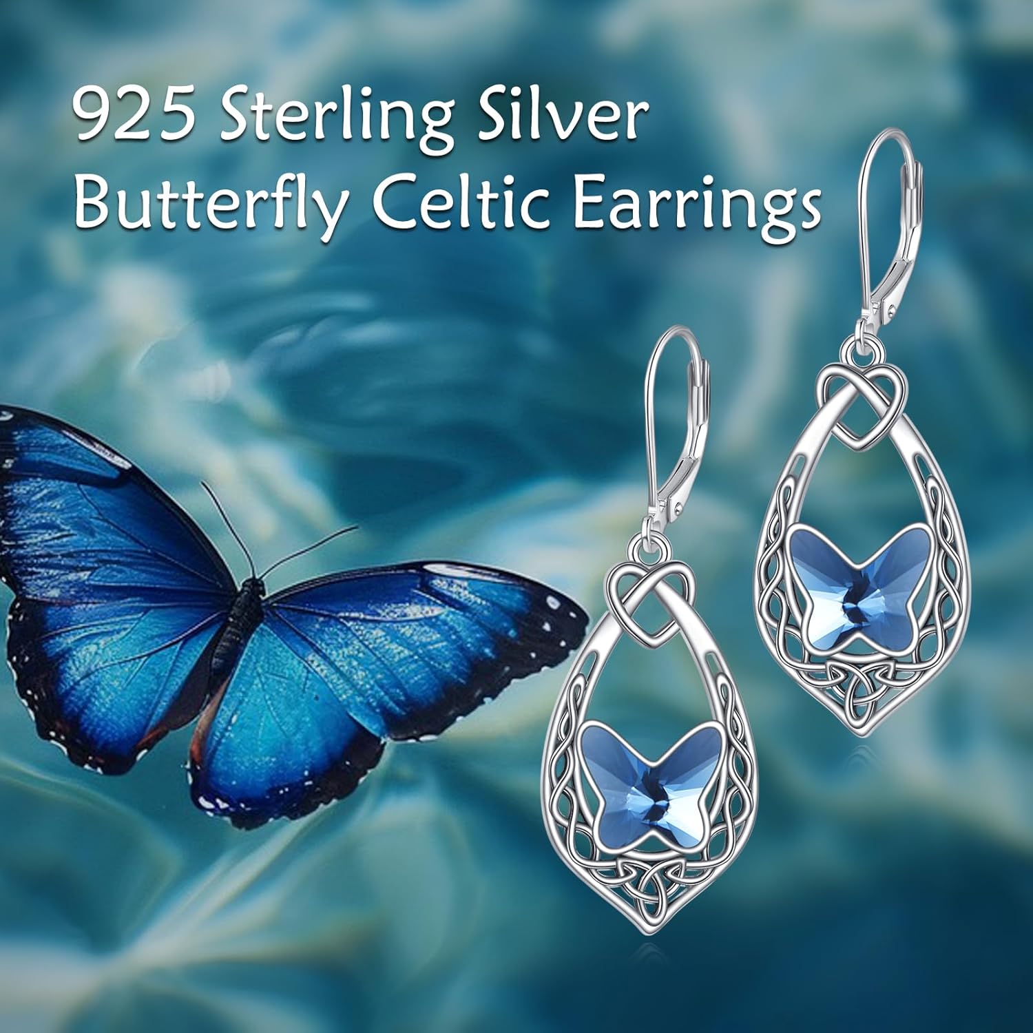 Celtic Butterfly Earrings 925 Sterling Silver Love Celtic Knot Leverback Dangle Drop Earrings with Blue Crystal from Austria, Birthday Anniversary Jewelry Gifts for Women - Image 5