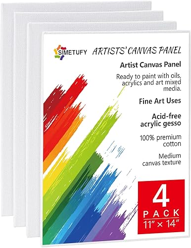 Simetufy Paquete de 4 tableros de lienzo de 11 x 14 pulgadas para pintar, lienzos en blanco para pintar, paneles de lona 100% algodón imprimados sin