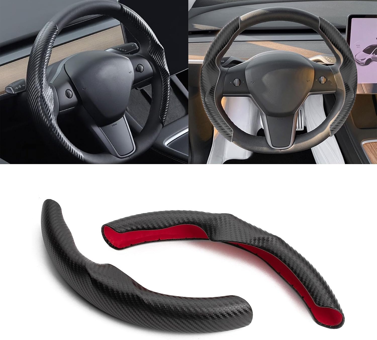 x xotic tech Custom Fit Steering Wrap Protector Cover w/Non-Slip Comfortable Grip Function Compatible with Tesla Model 3 2017-2023, Model Y 2020-2025, Black Carbon Fiber