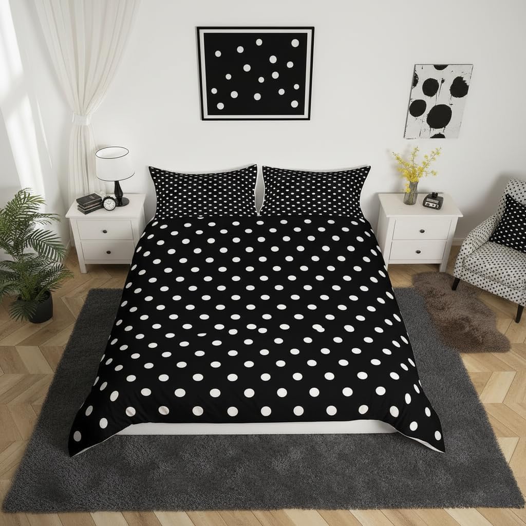 jejeloiu Black White Polka Dot Duvet Cover Queen Size Retro Cute Polka Dot Bedding Set for Boys Girls Geometric Comforter Cover Luxury Bedroom Decor 3Pcs