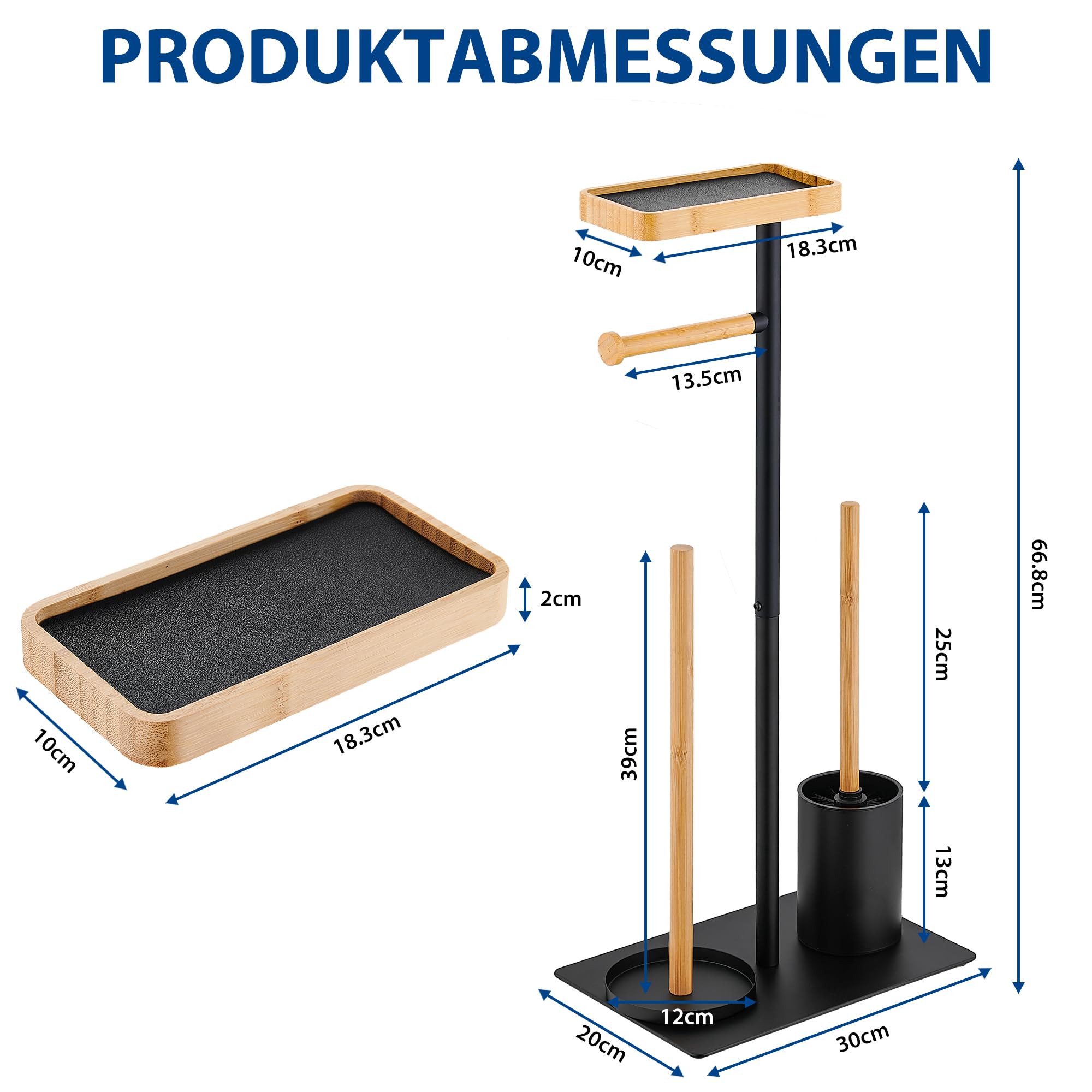 Porte Papier Toilette sur Pied avec Brosse WC Support Papier WC Rangement sans Percage pour 4 Rouleaux, Bois Noir, Carré
