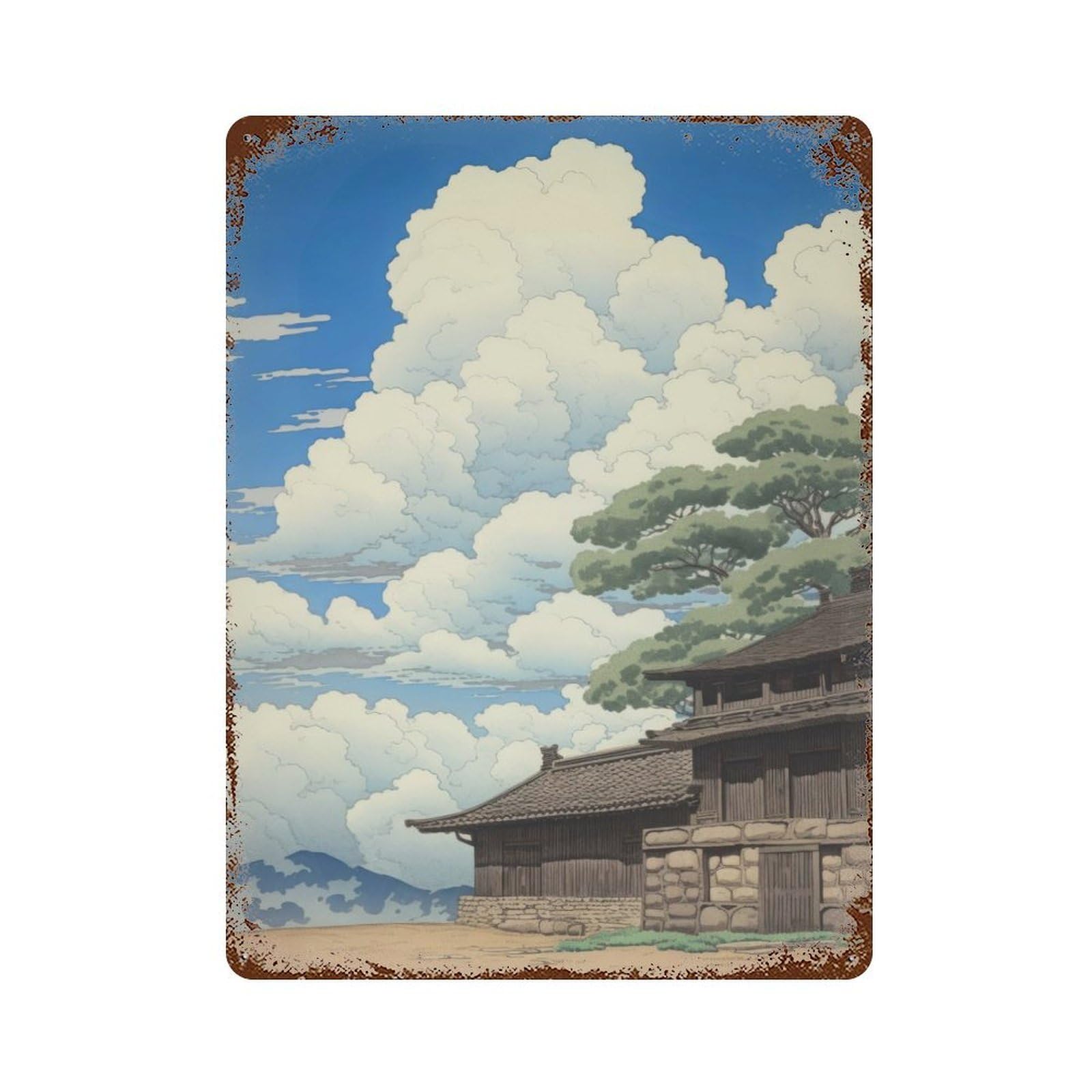Village Japanese Painting 15.7"x11.8" Rust Effect Tin Sign, Rustic Home Decor for Office, Studio And Wall Decor