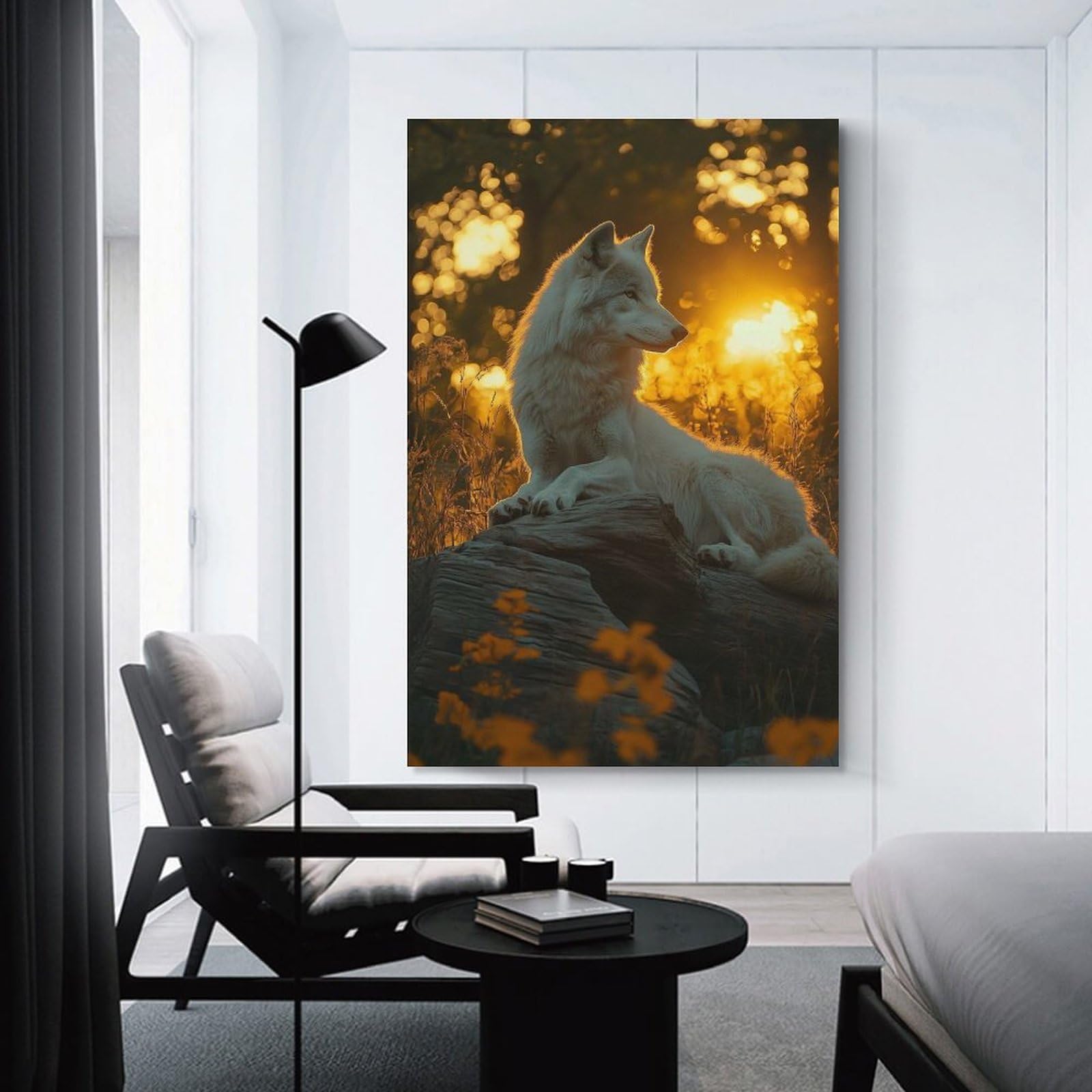 Junmoney Unframe-Style-22 White Wolf In Golden Sunlight Wall Art Print, 24X36inch(60X90cm), For Corridors, Hallways Or Apartment Entries, Wall Decor To Refresh Empty Corners