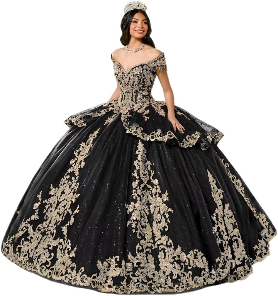Yifanier Puffy Tulle Quinceanera Dress with TRAI 3D Gold Lace Appliques Sparkly Lace Applique Quinceanera Dresses MT039